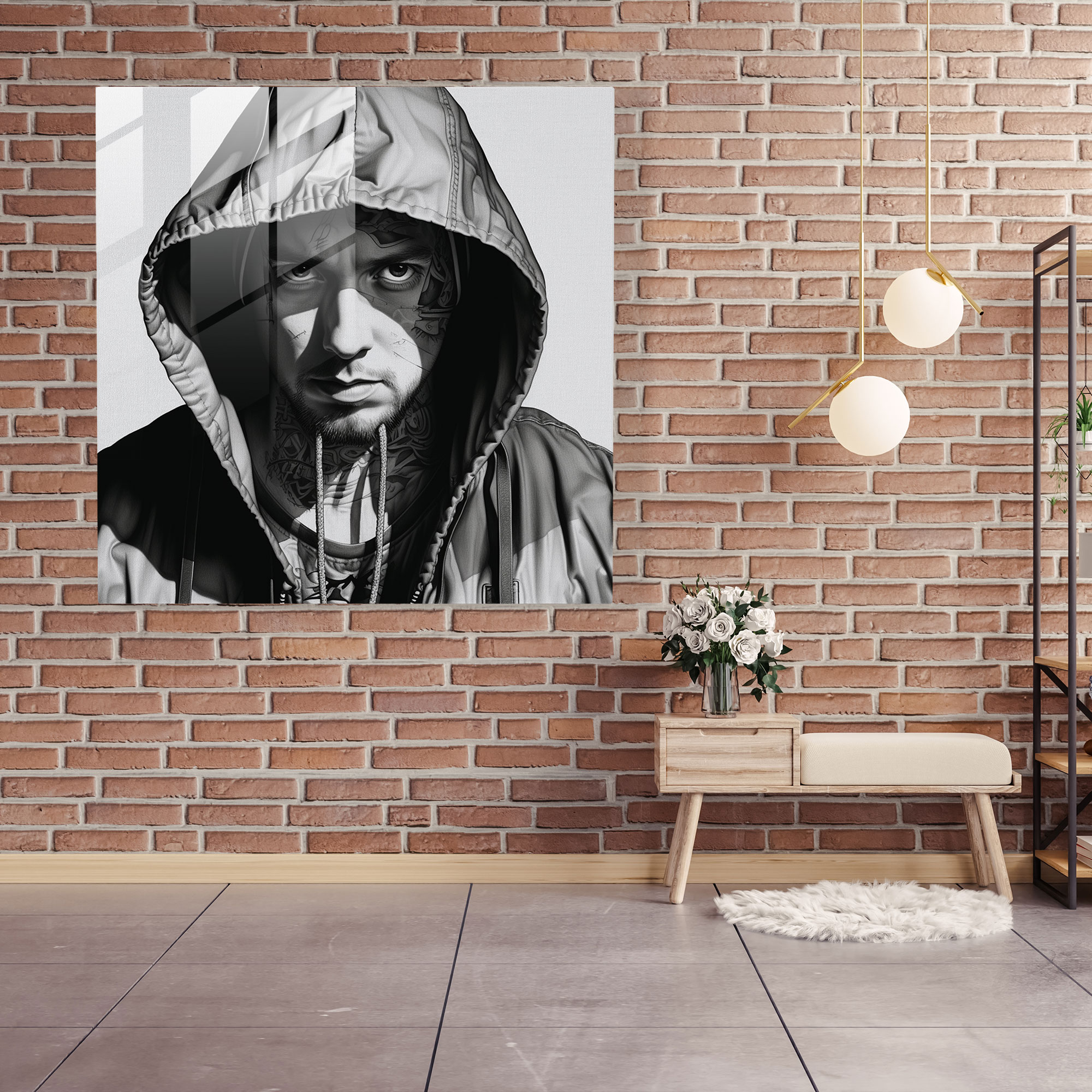 Eminem Glass Print - Eminem, Glass Wall Art, Wall Decoration, Black And White
