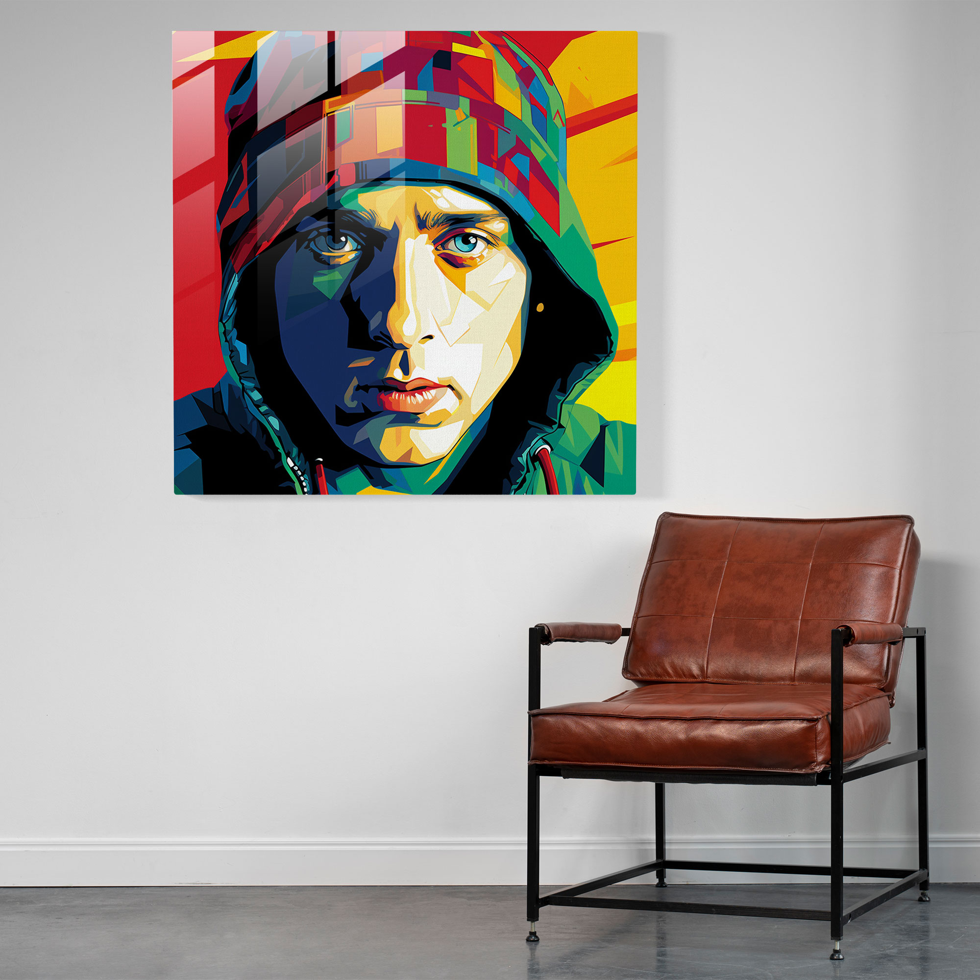 Eminem Wall Decoration - Eminem, Glass Print, Bold Colors, Pop Art-Inspired Design