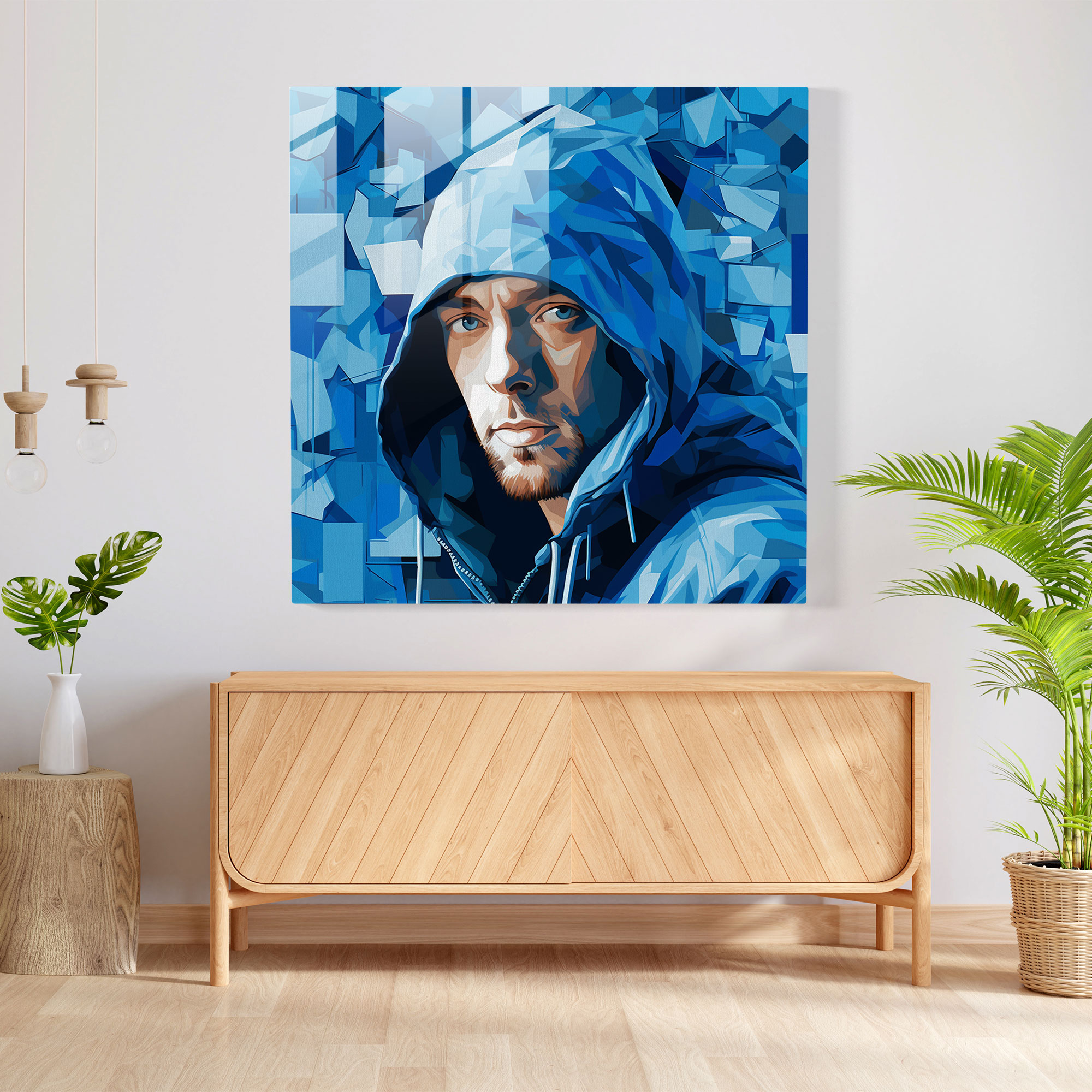 Eminem Glass Wall Art: Cool Blue Abstract Portrait - Eminem, Glass Print, Glass Art, Pop Culture