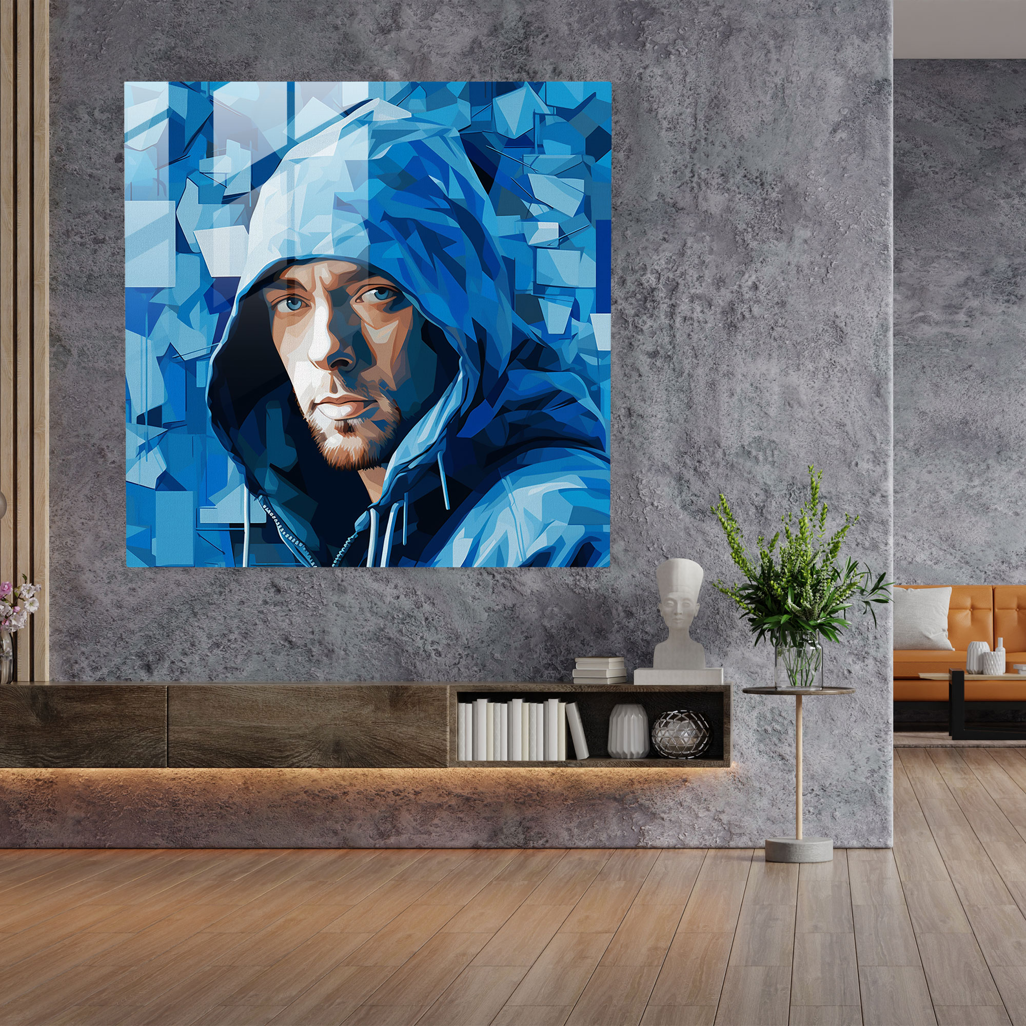 Eminem Glass Wall Art: Cool Blue Abstract Portrait - Eminem, Glass Print, Glass Art, Pop Culture