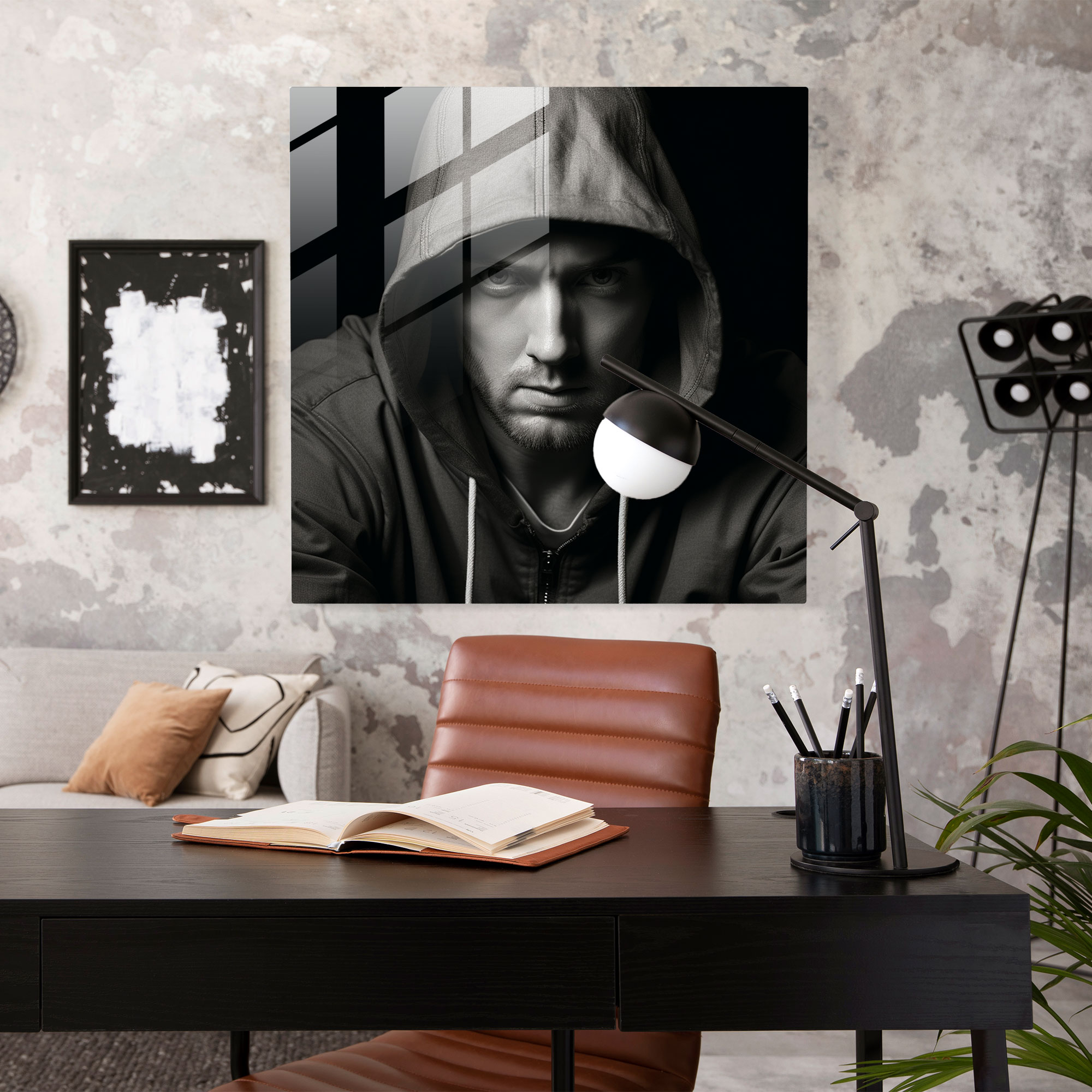 Eminem Glass Wall Art: Intense Black And White Expression - Eminem, Black And White, Music, Modern Art