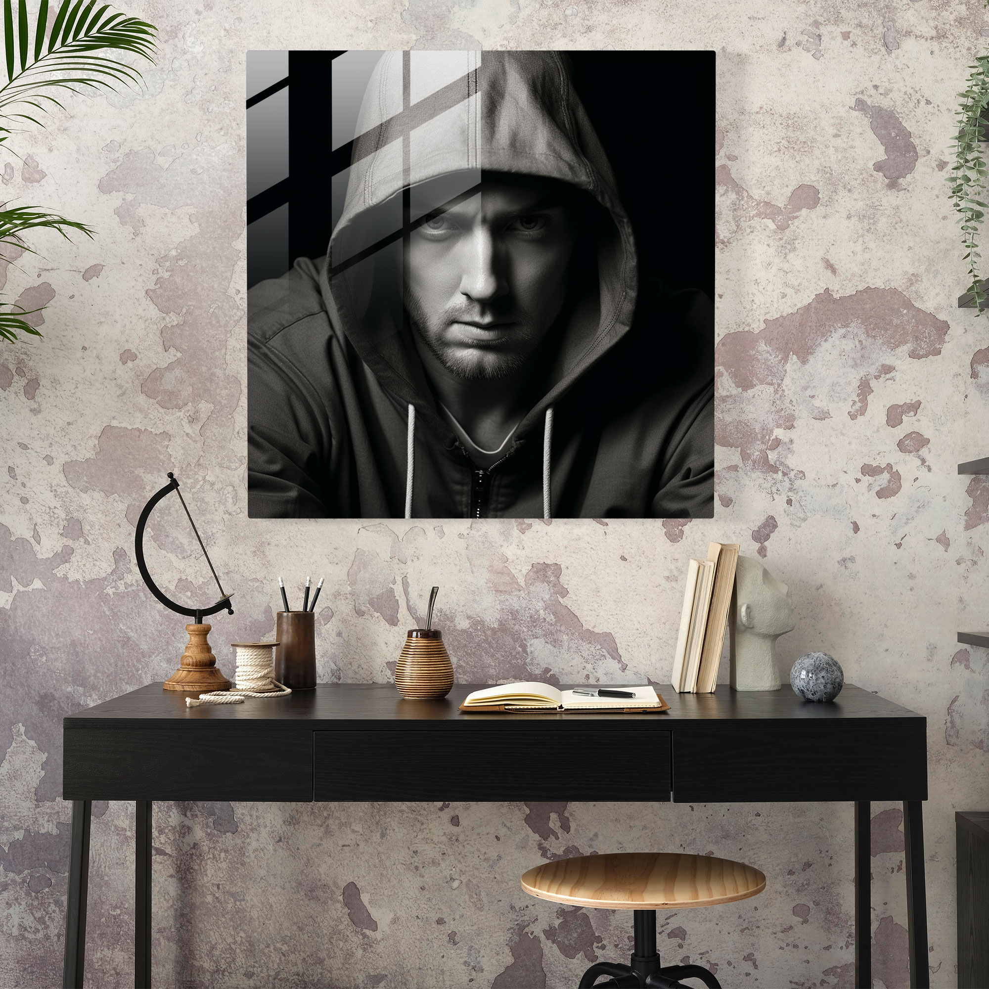 Eminem Glass Wall Art: Intense Black And White Expression - Eminem, Black And White, Music, Modern Art