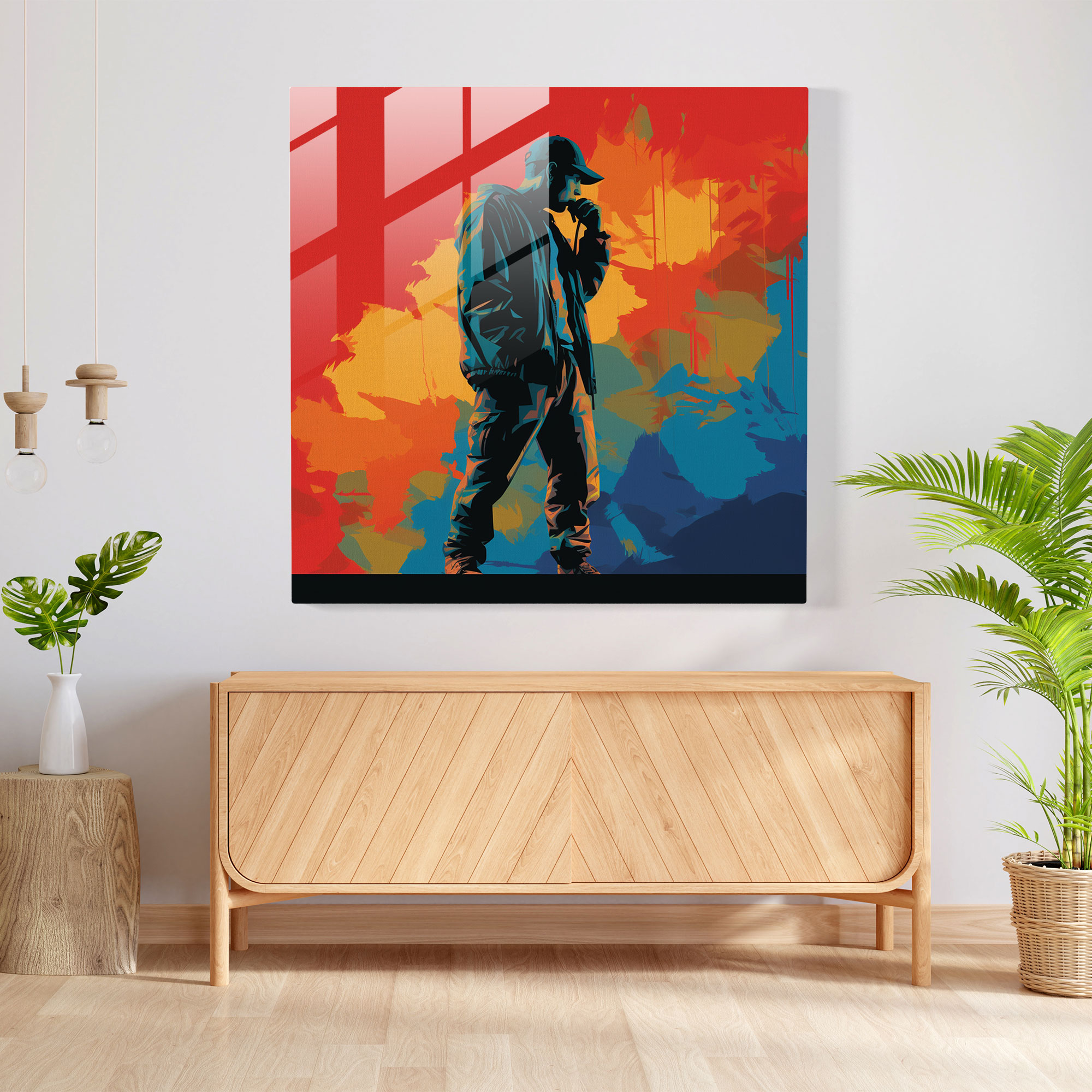 Eminem Glass Wall Art: Colorful Silhouette - Eminem, Colorful Background, Eminem, Glass Wall Art