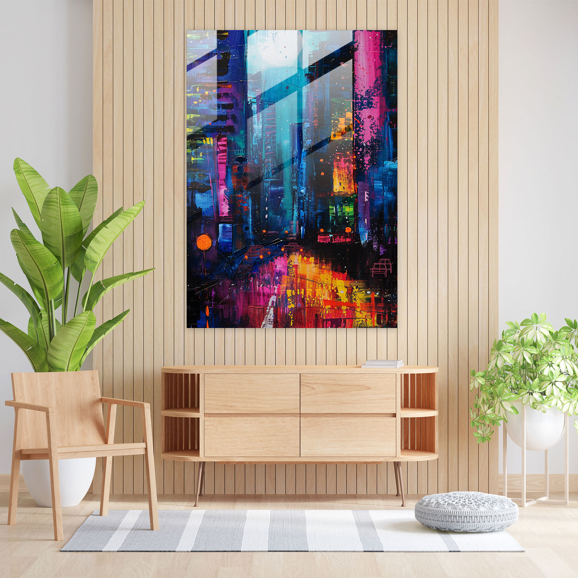 Expressionism Home Decoration: Vibrant Cityscape At Night - Expressionism, Modern Art, Home Decoration, Glass Print