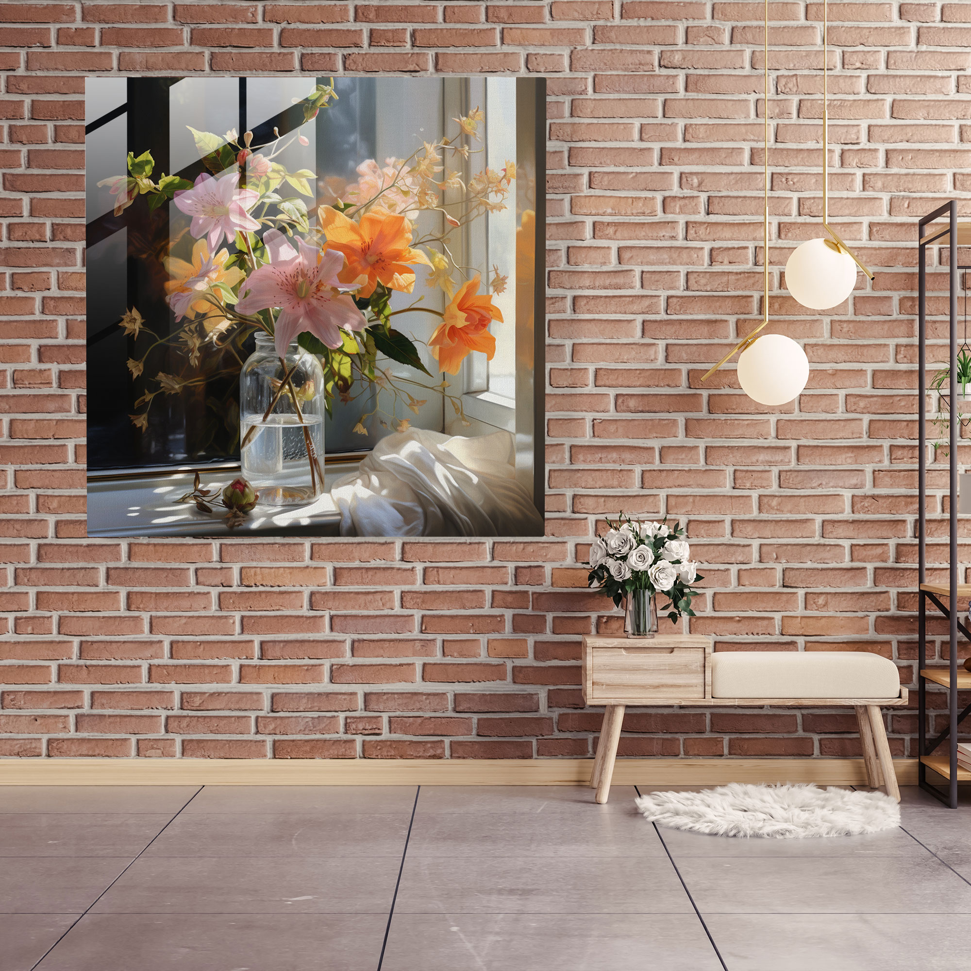 Banyo Cam Tablosu - Çiçeklerin Açtığı - Banyo İçin Banyo Temalı Fotoğraf Gerçekçiliği Cam Duvar Sanatı