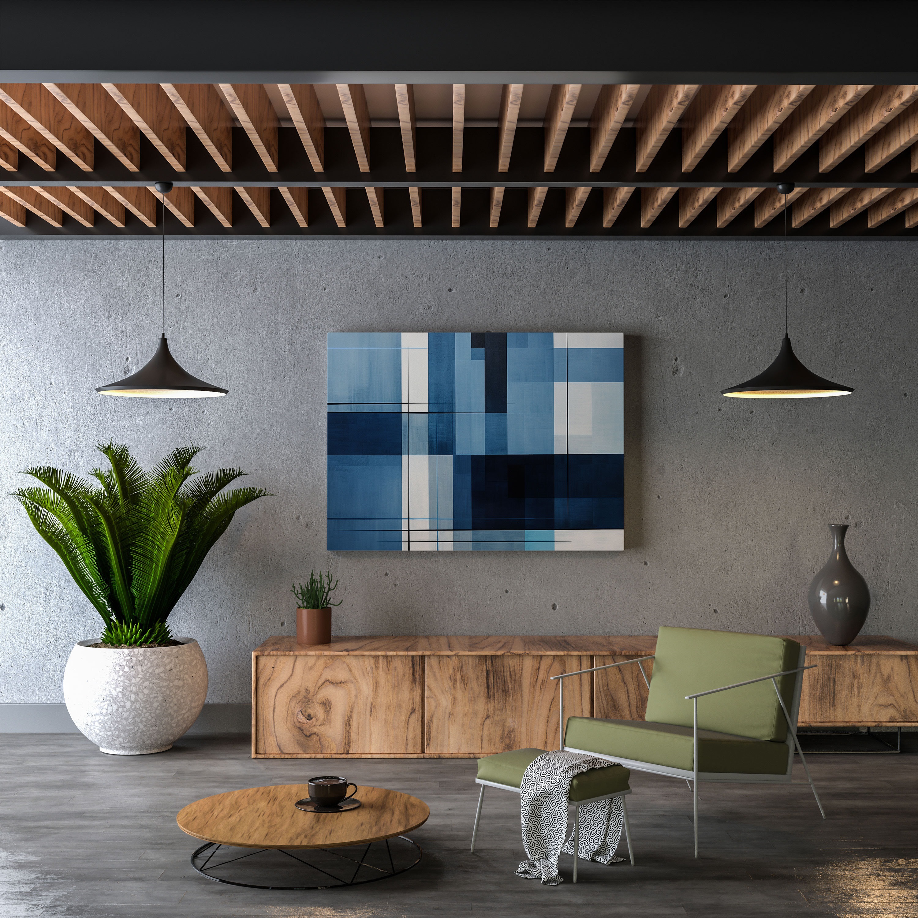 Mavi Geometrik Kanvas Tablo - Banyo için Modern Ev Dekorasyonu Duvar Sanatı
