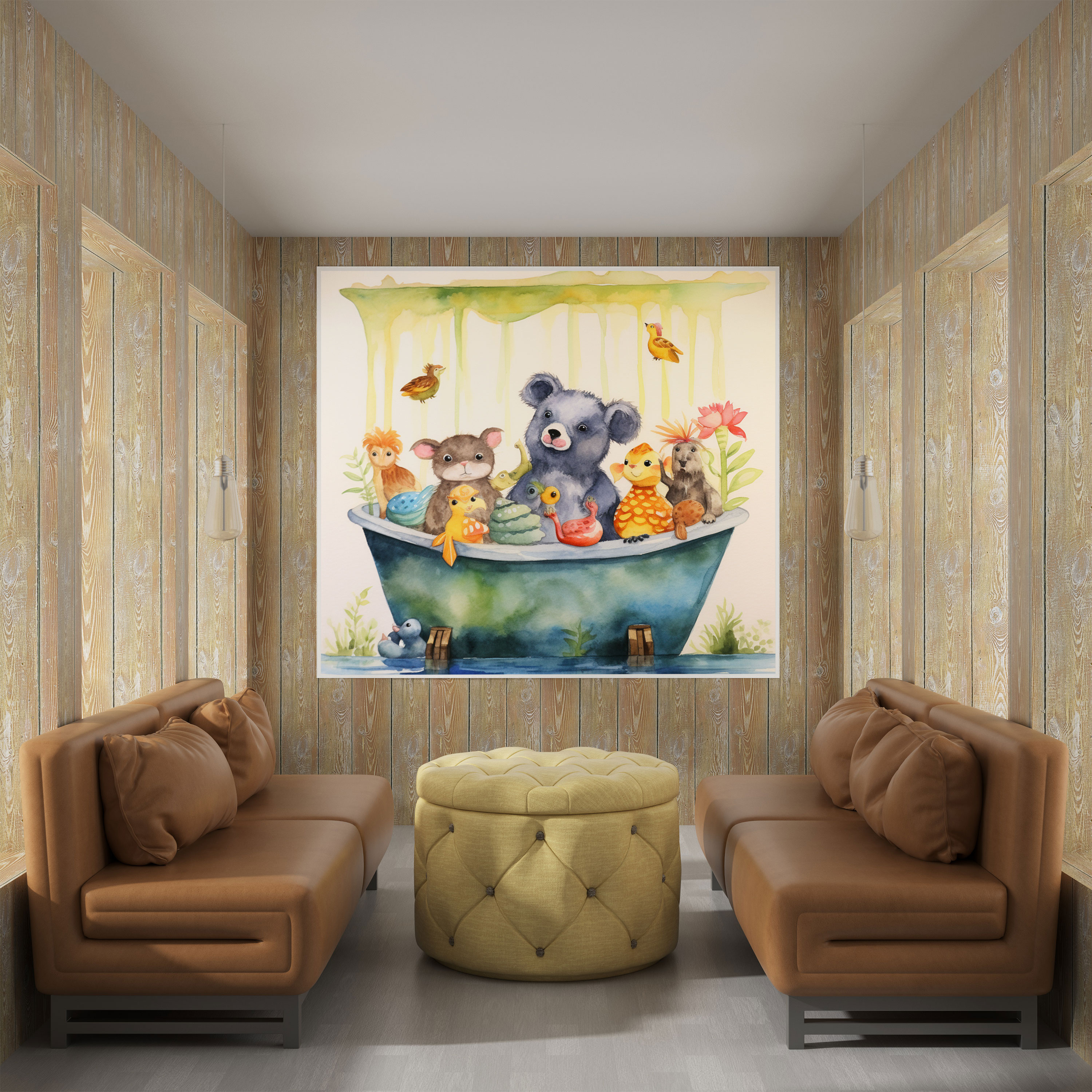 Animal Bathtub Canvas Print - For Bathroom, Watercolor Painting, Whimsical Wall Art, Playful Home Decoration