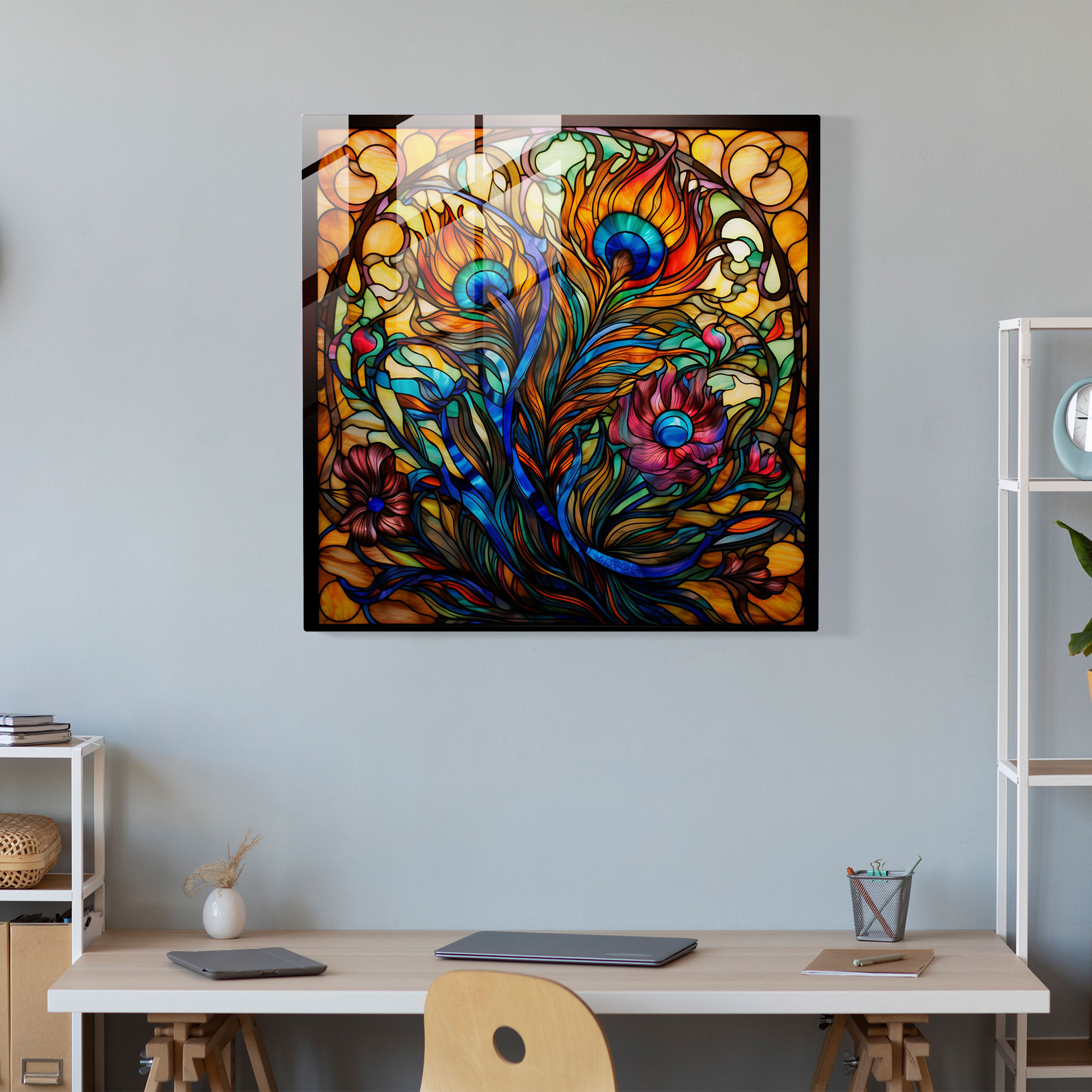 Elegant Peacock Feather Glass Print - Feather, Feather, Wall Decoration, Floral Motifs
