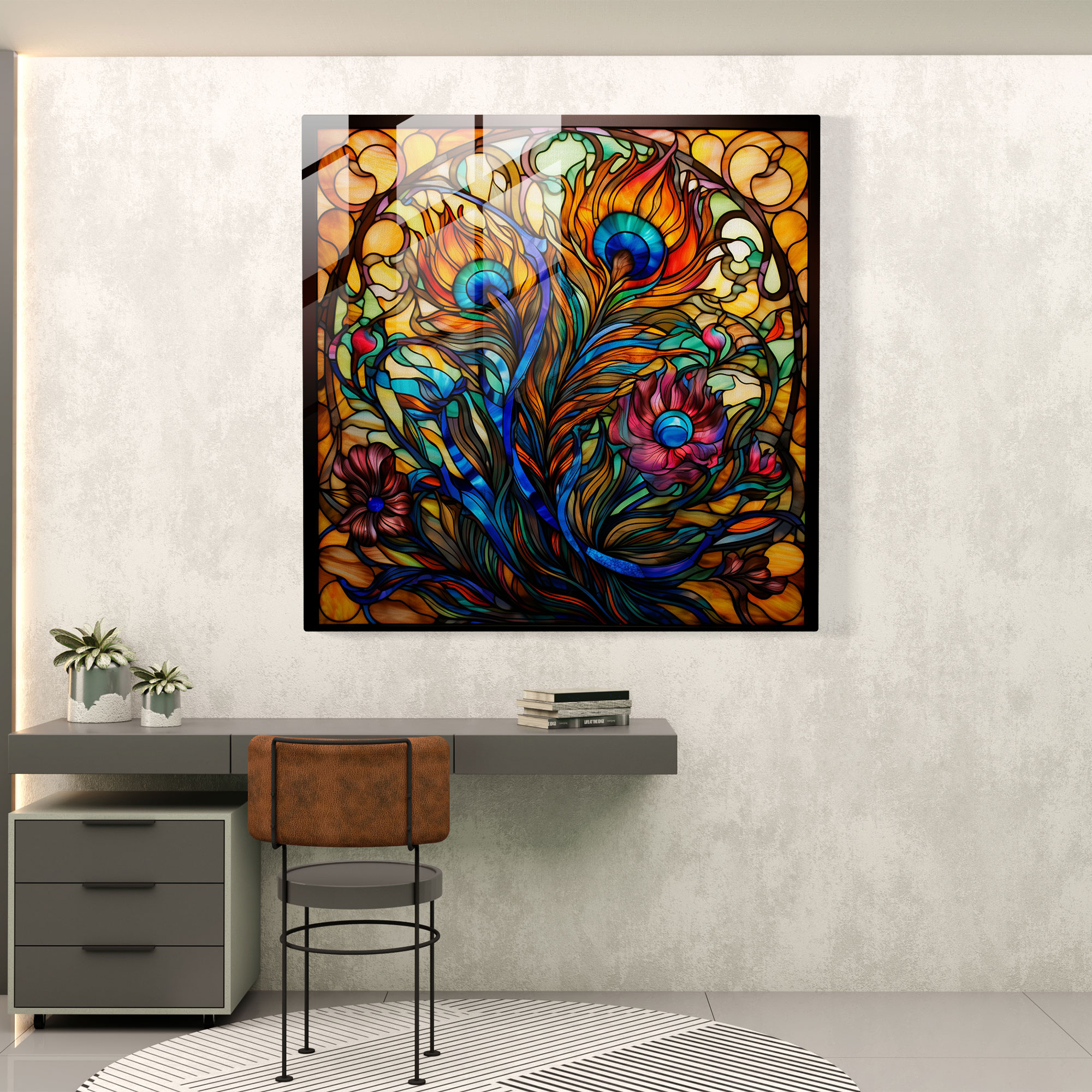 Elegant Peacock Feather Glass Print - Feather, Feather, Wall Decoration, Floral Motifs