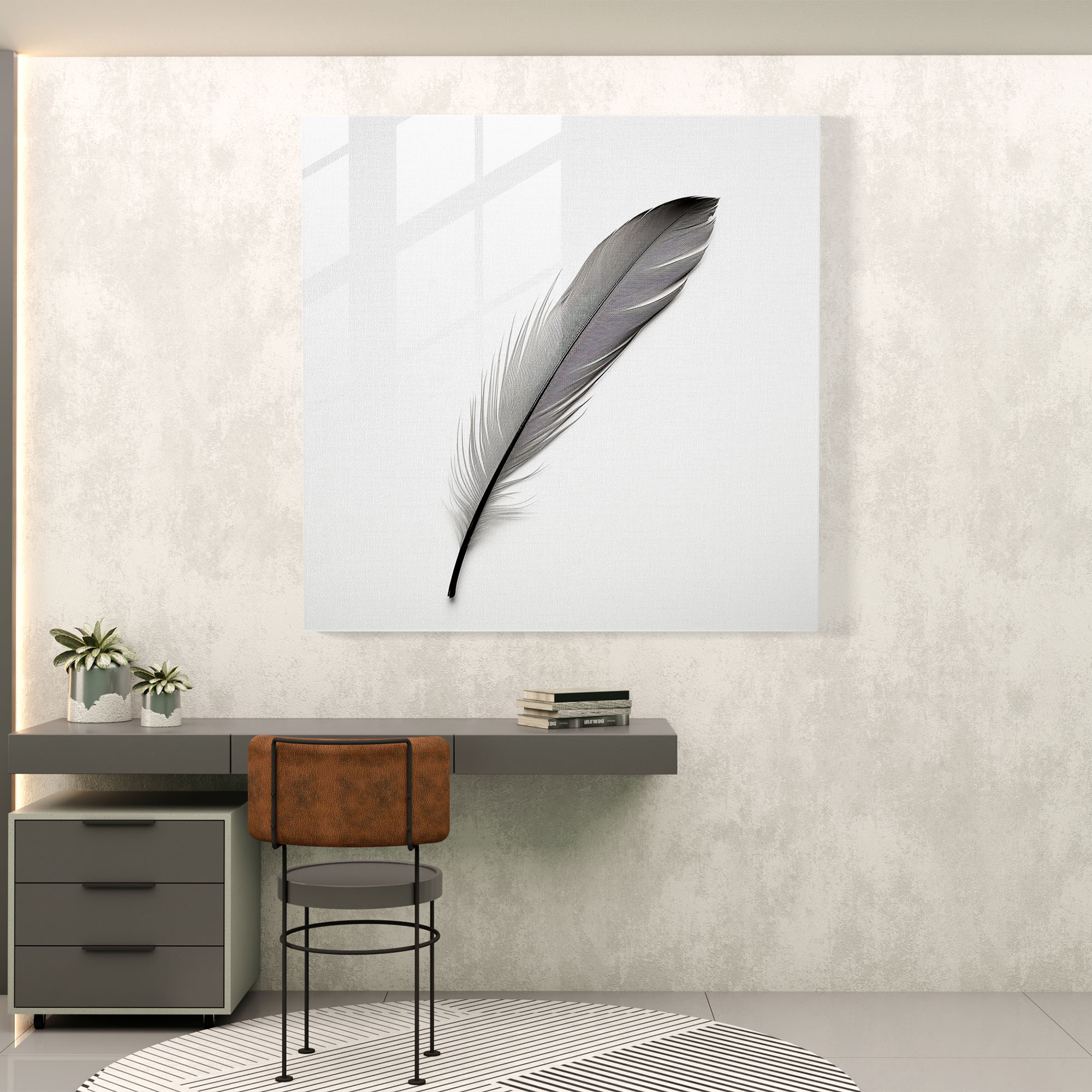 Feather Serenity Glass Print - Feather, Wall Decoration, Glass Art, Black And White Photograph