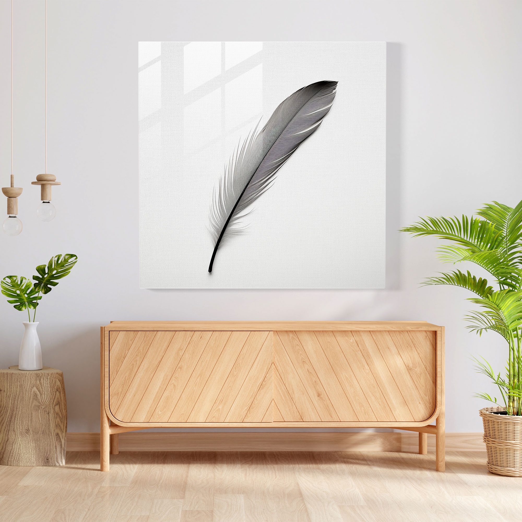 Feather Serenity Glass Print - Feather, Wall Decoration, Glass Art, Black And White Photograph