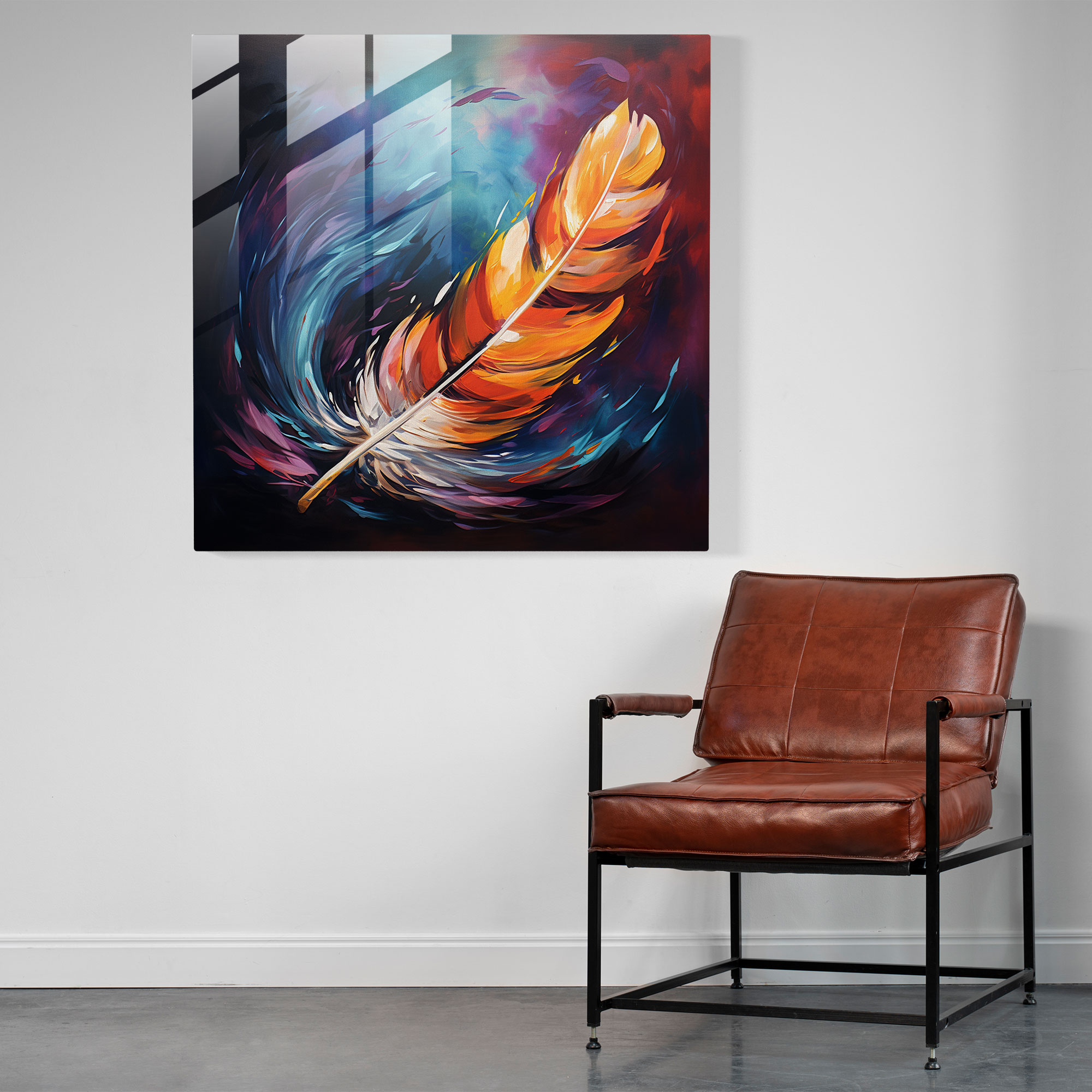 Feather Expression Glass Print - Feather, Modern Art, Wall Decoration, Expressive Oil Painting