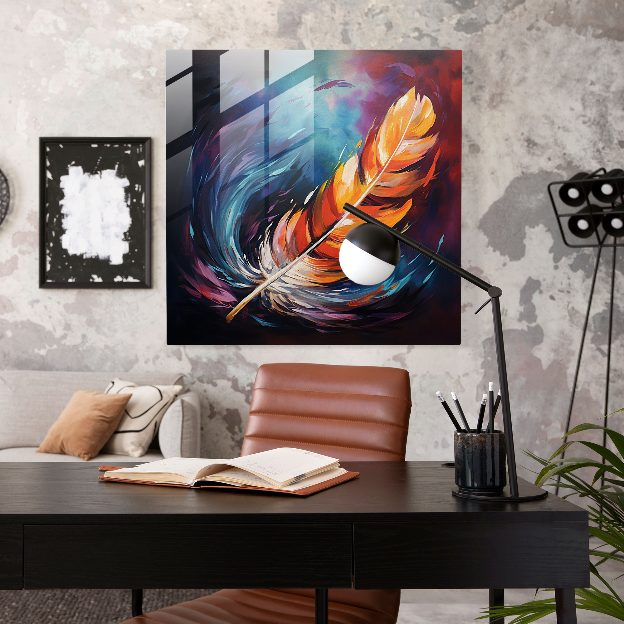 Feather Expression Glass Print - Feather, Modern Art, Wall Decoration, Expressive Oil Painting