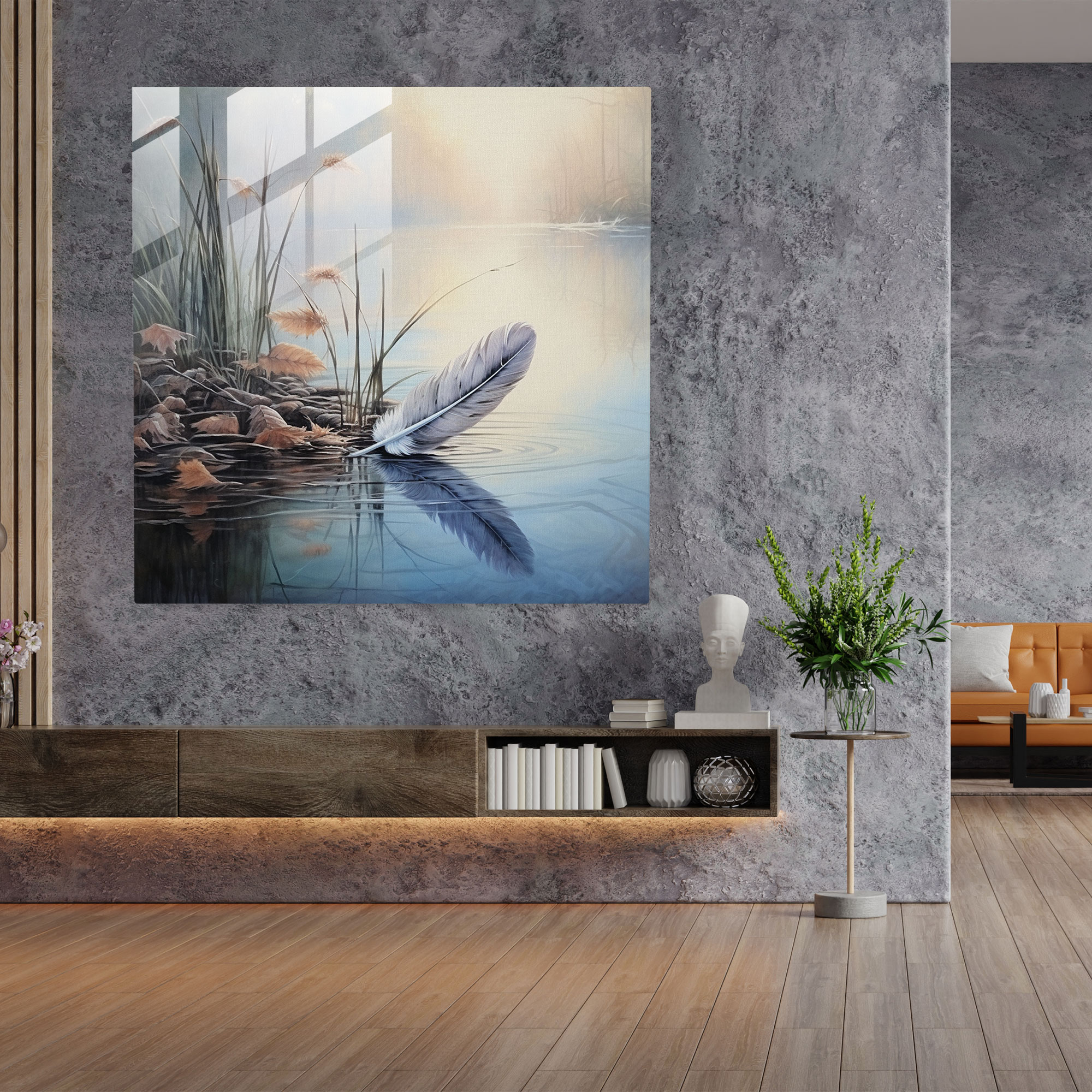 Feather Oasis Glass Print - Feather, Wall Decoration, Feather, Home Decoration