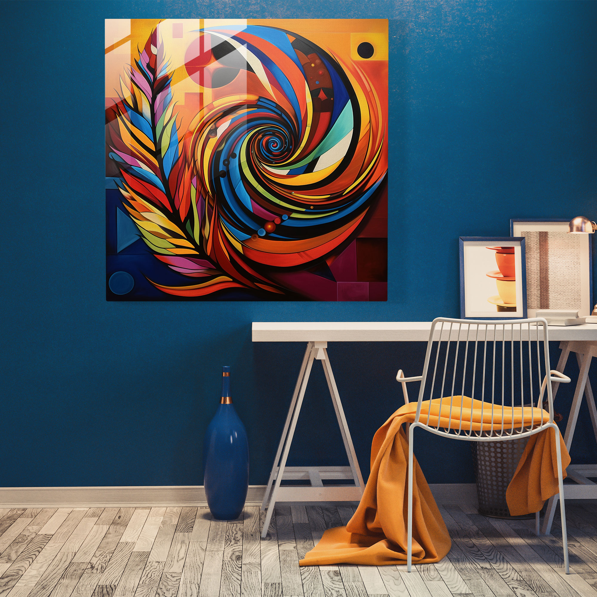 Feather Fusion Glass Print - Feather, Abstract Geometric Interpretation, Feather, Glass Print