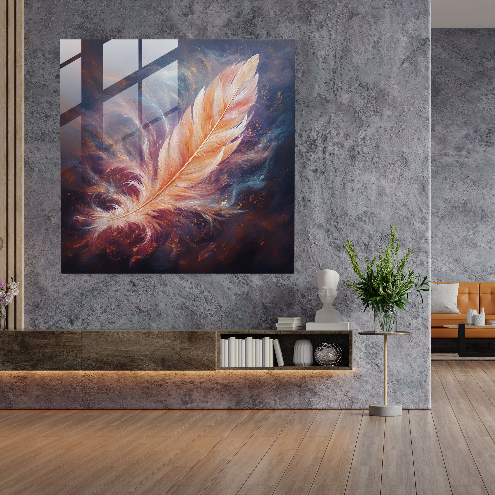 Feather Dreams Glass Print - Feather, Glass Art, Dream-Like Atmosphere, Vibrant Colors