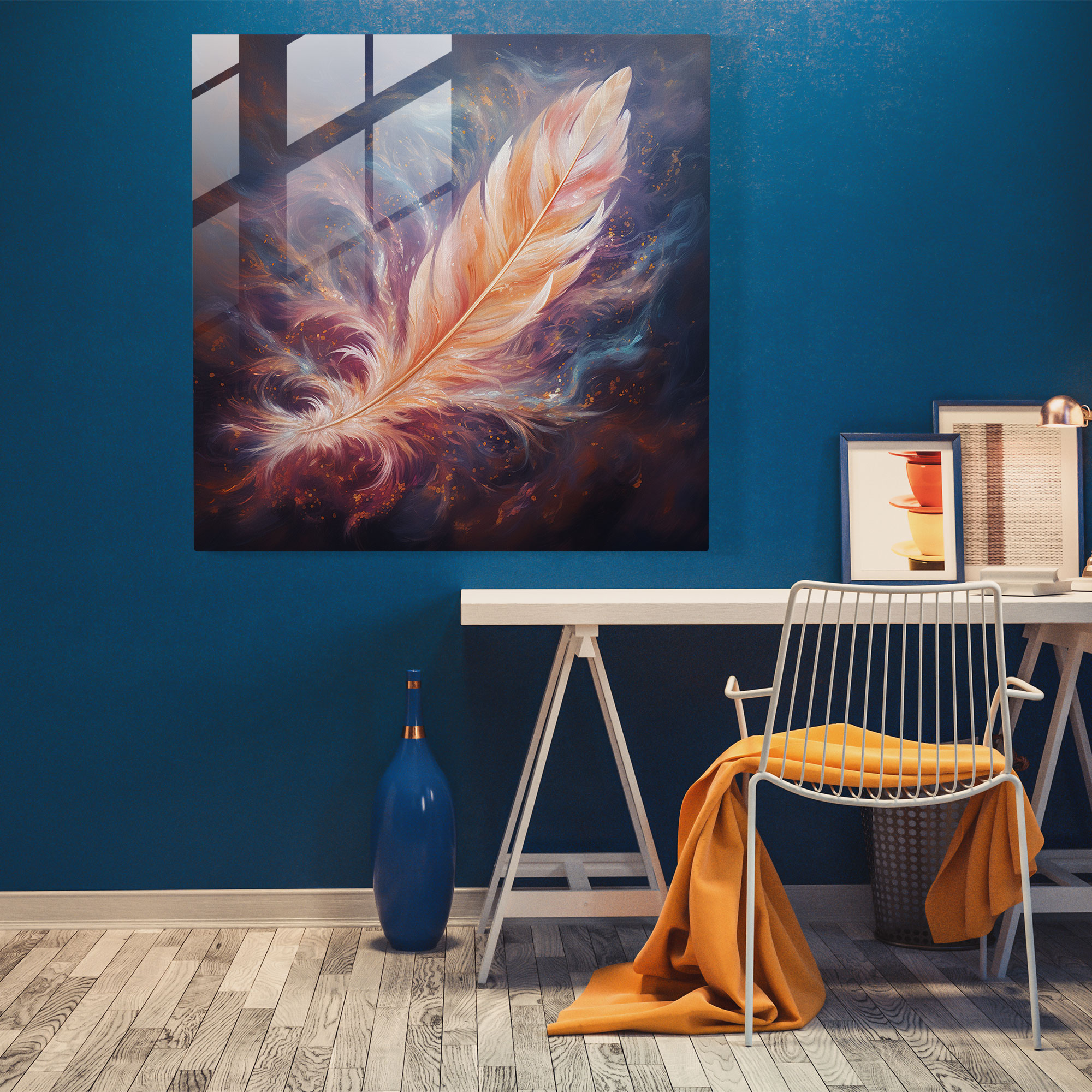 Feather Dreams Glass Print - Feather, Glass Art, Dream-Like Atmosphere, Vibrant Colors