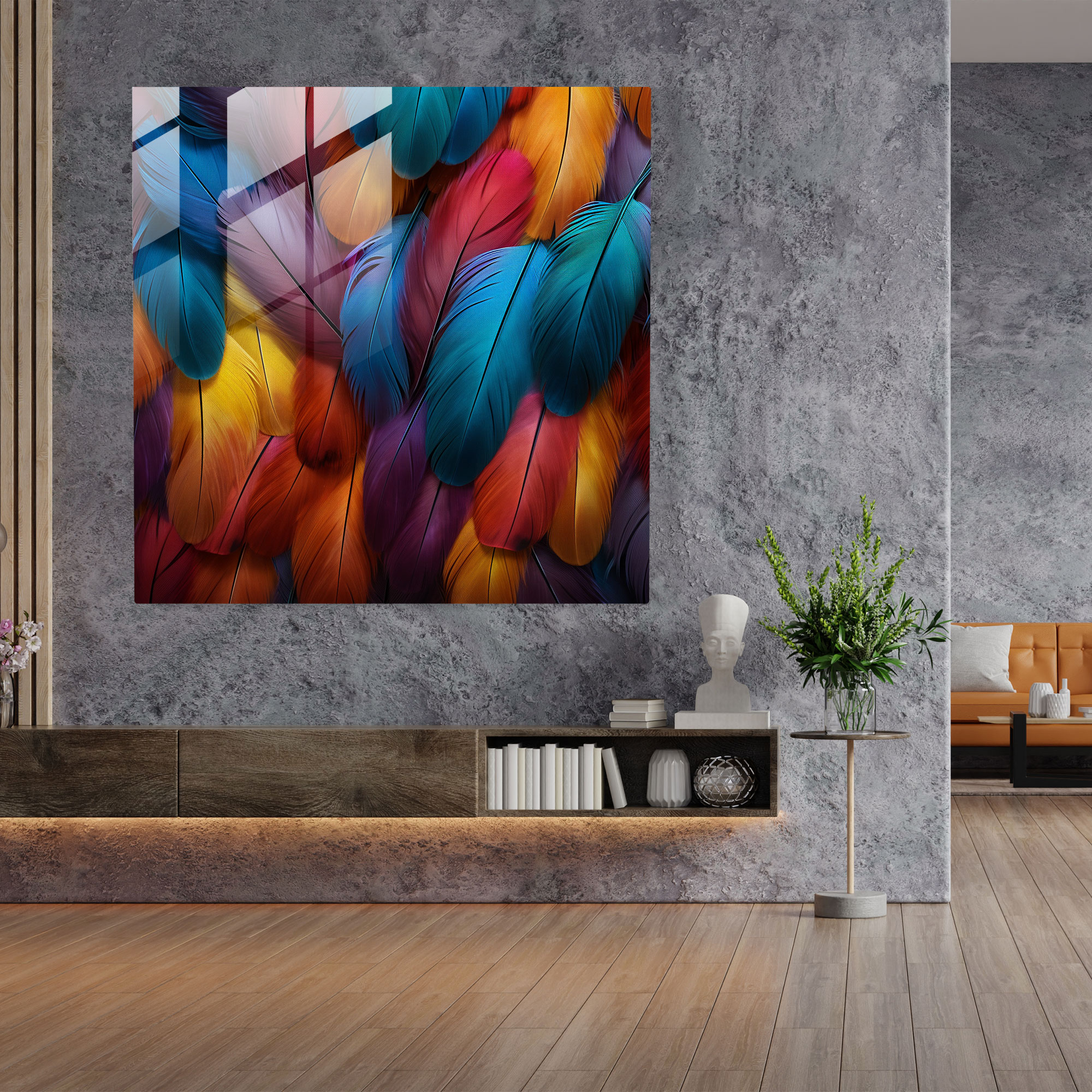 Colorful Feathers Glass Print - Feather, Feather, Vibrant Feathers, Home Decoration
