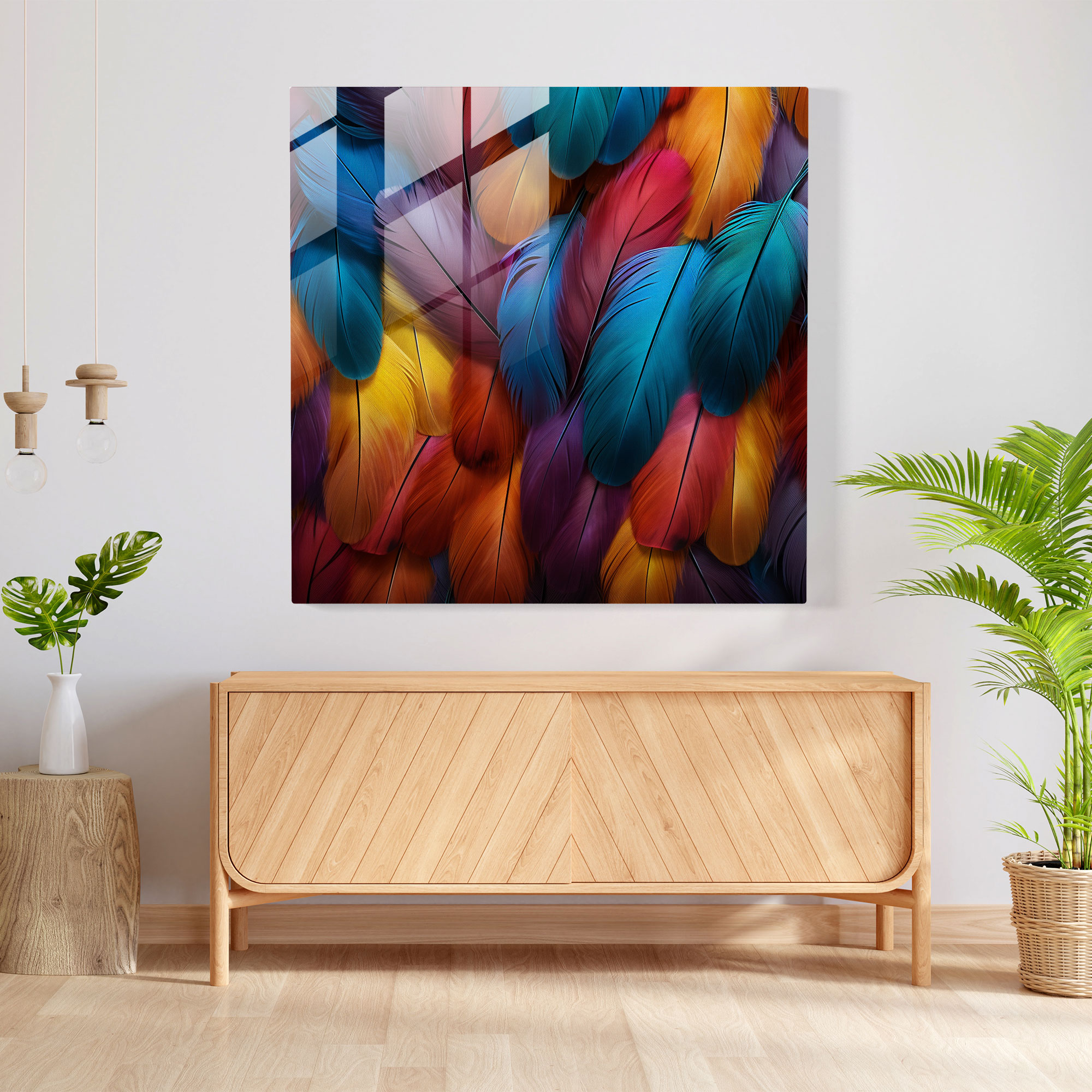 Colorful Feathers Glass Print - Feather, Feather, Vibrant Feathers, Home Decoration