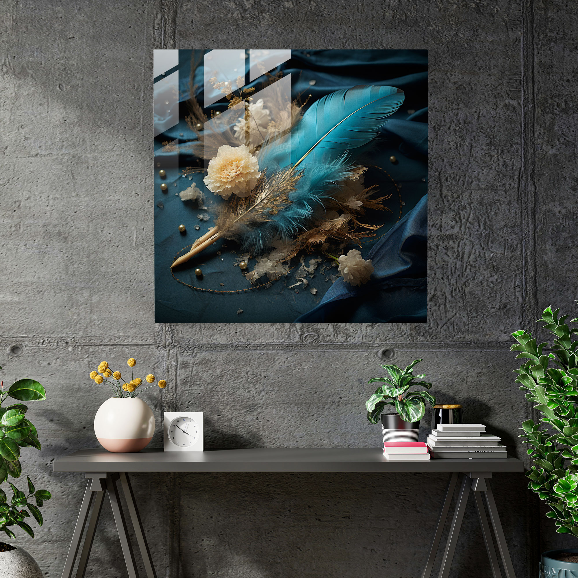 Graceful Feather Glass Print - Feather, Bed Of Flowers, Wall Decoration, Home Decoration