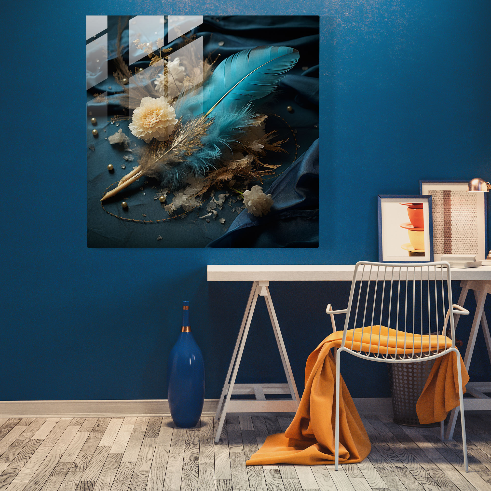 Graceful Feather Glass Print - Feather, Bed Of Flowers, Wall Decoration, Home Decoration