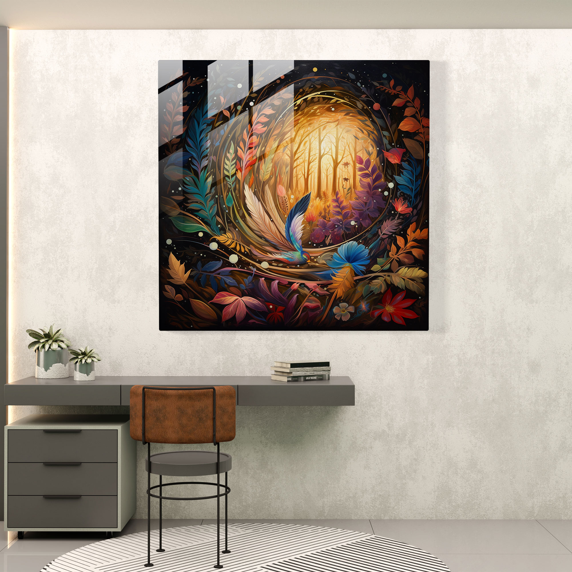 Enchanted Feather Glass Print - Feather, Magical Forest, Enchantment, Home Decoration