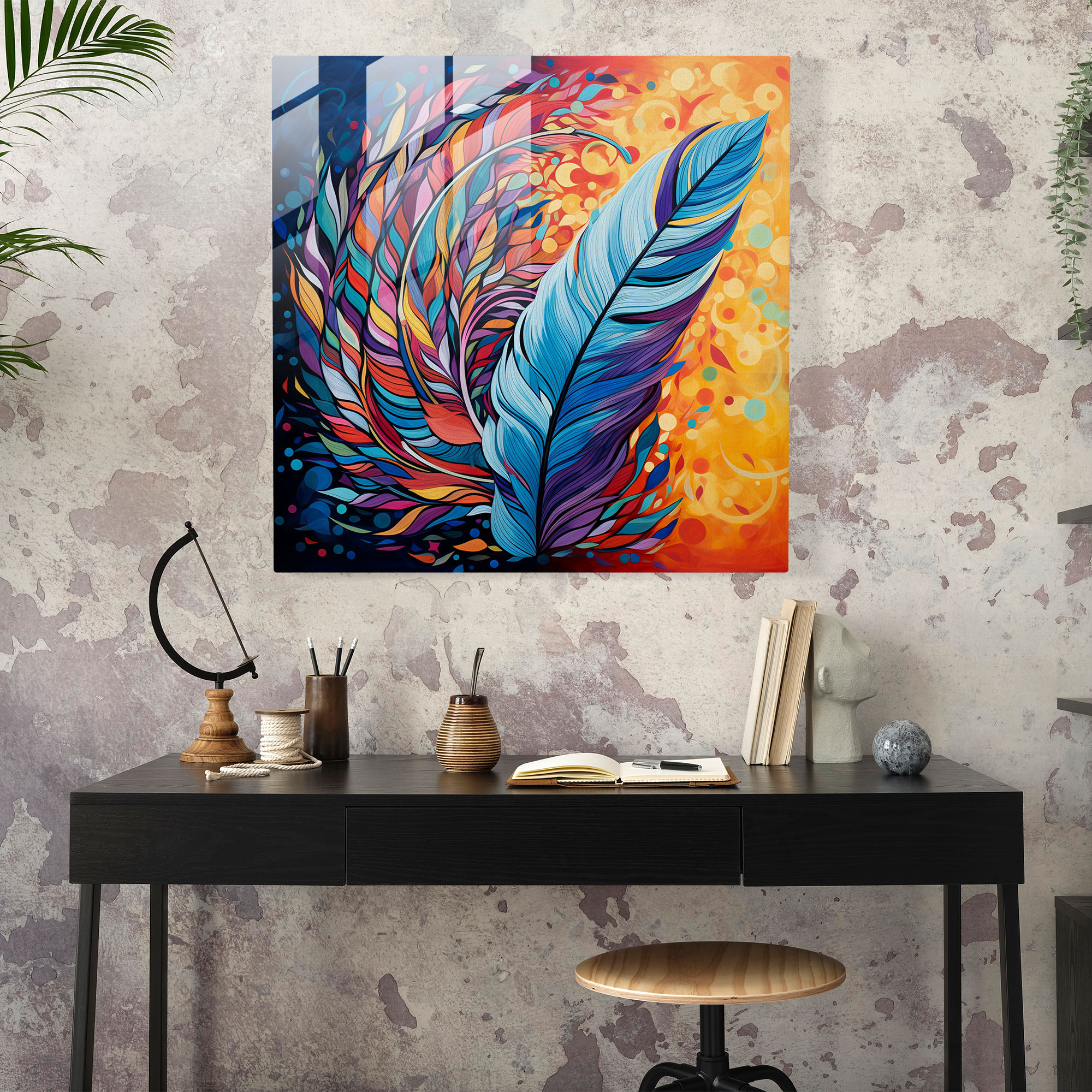 Abstract Feather Glass Print - Feather, Vibrant Colors, Glass Print, Abstract