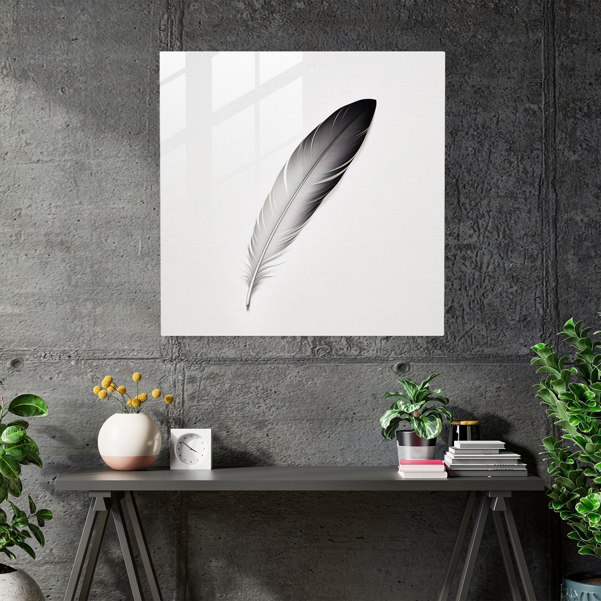Minimalist Feather Glass Print - Feather, Monochromatic Color Palette, Glass Wall Art, Modern Art