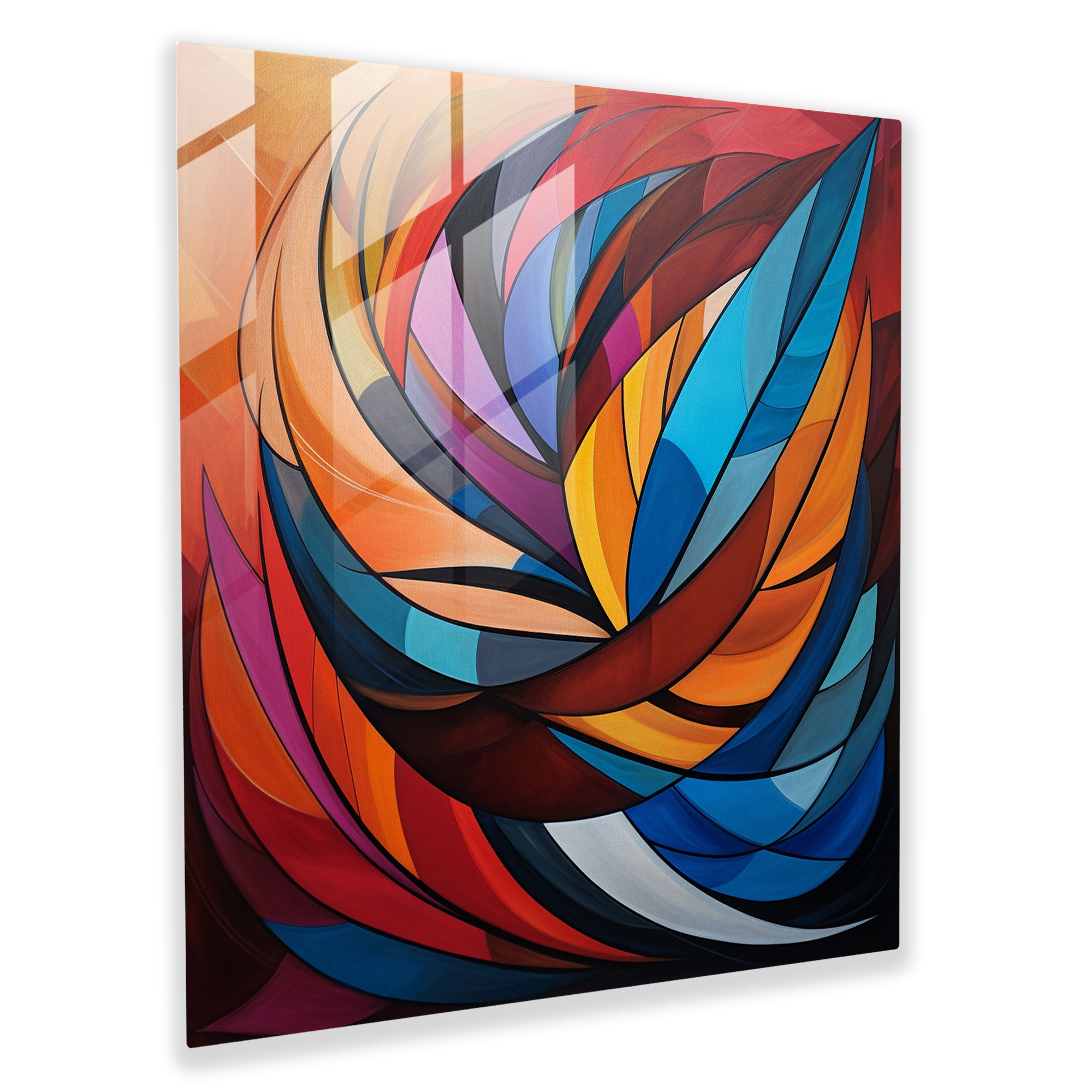 Geometric Feather Glass Print - Feather, Modern Art, Vibrant Hues, Home Decoration