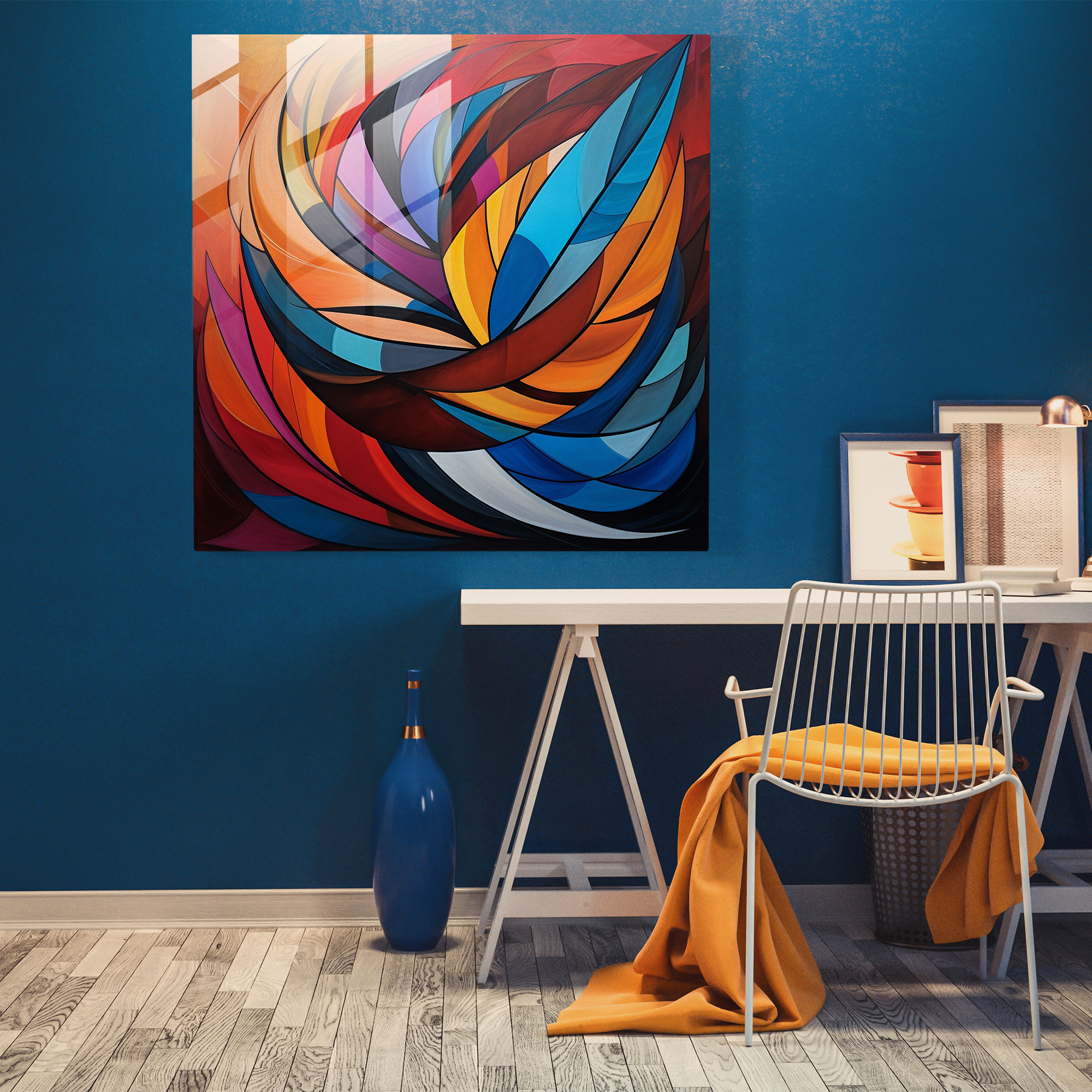 Geometric Feather Glass Print - Feather, Modern Art, Vibrant Hues, Home Decoration