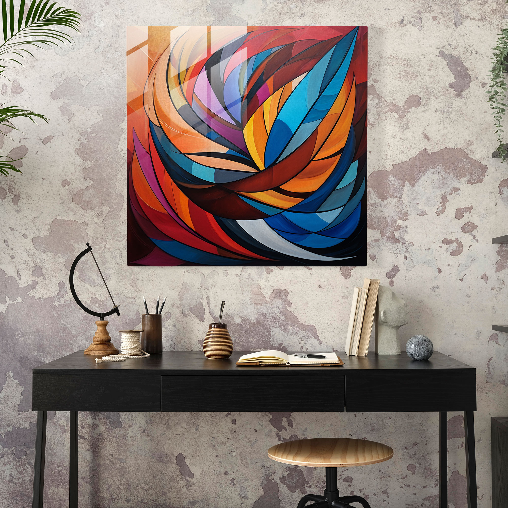 Geometric Feather Glass Print - Feather, Modern Art, Vibrant Hues, Home Decoration
