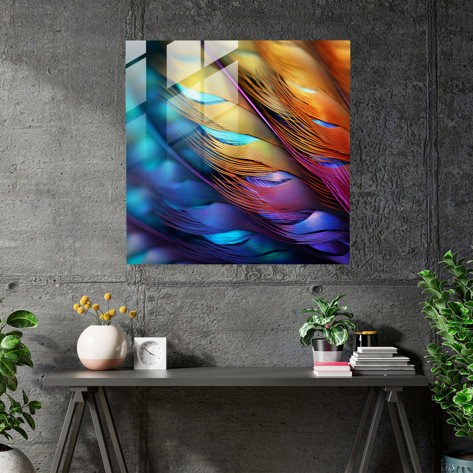 Iridescent Feathers Glass Print - Feather, Home Decoration, Intricate Details, Modern Art