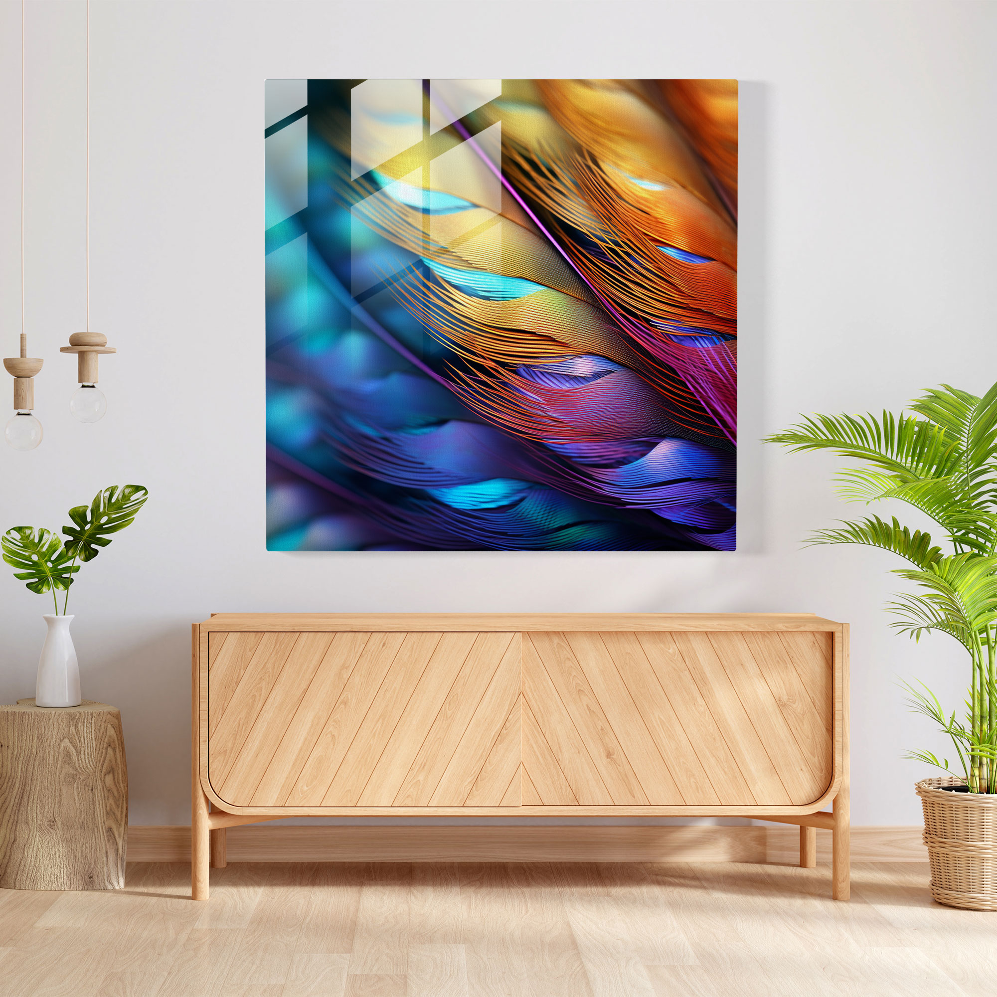 Iridescent Feathers Glass Print - Feather, Home Decoration, Intricate Details, Modern Art