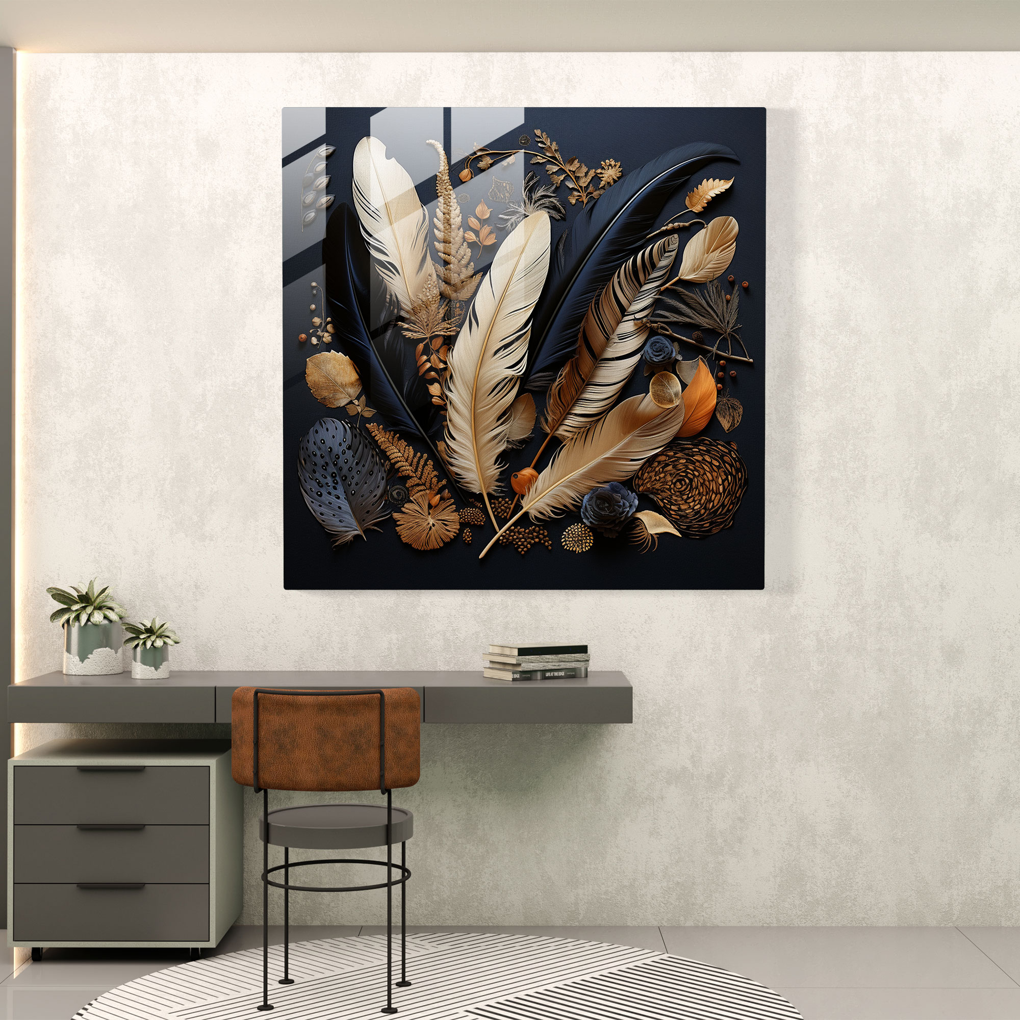 Bohemian Feathers Glass Print - Feather, Wall Decoration, Glass Print, Glass Art