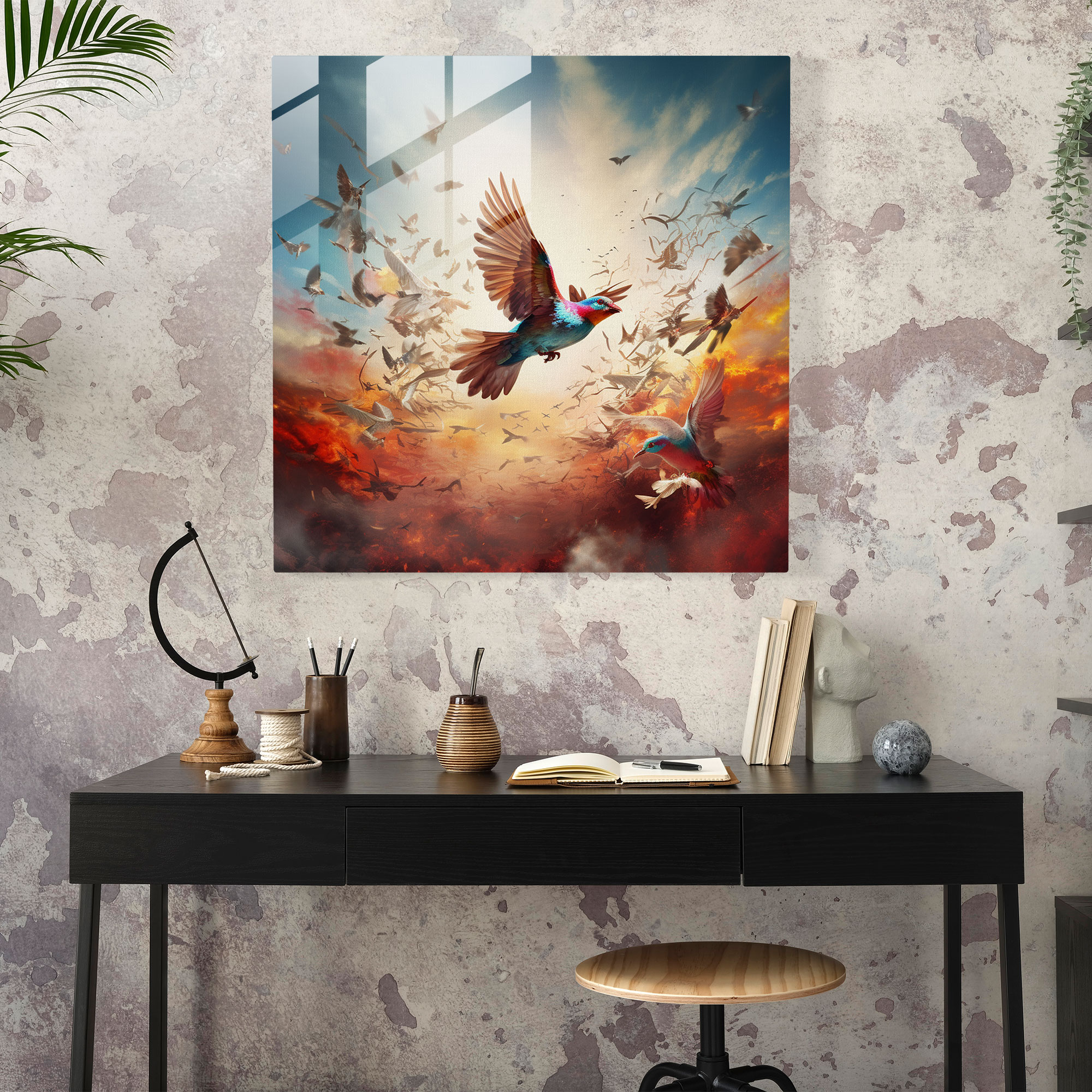 Transcendent Feathers Glass Print - Feather, Modern Art, Glass Wall Art, Glass Art