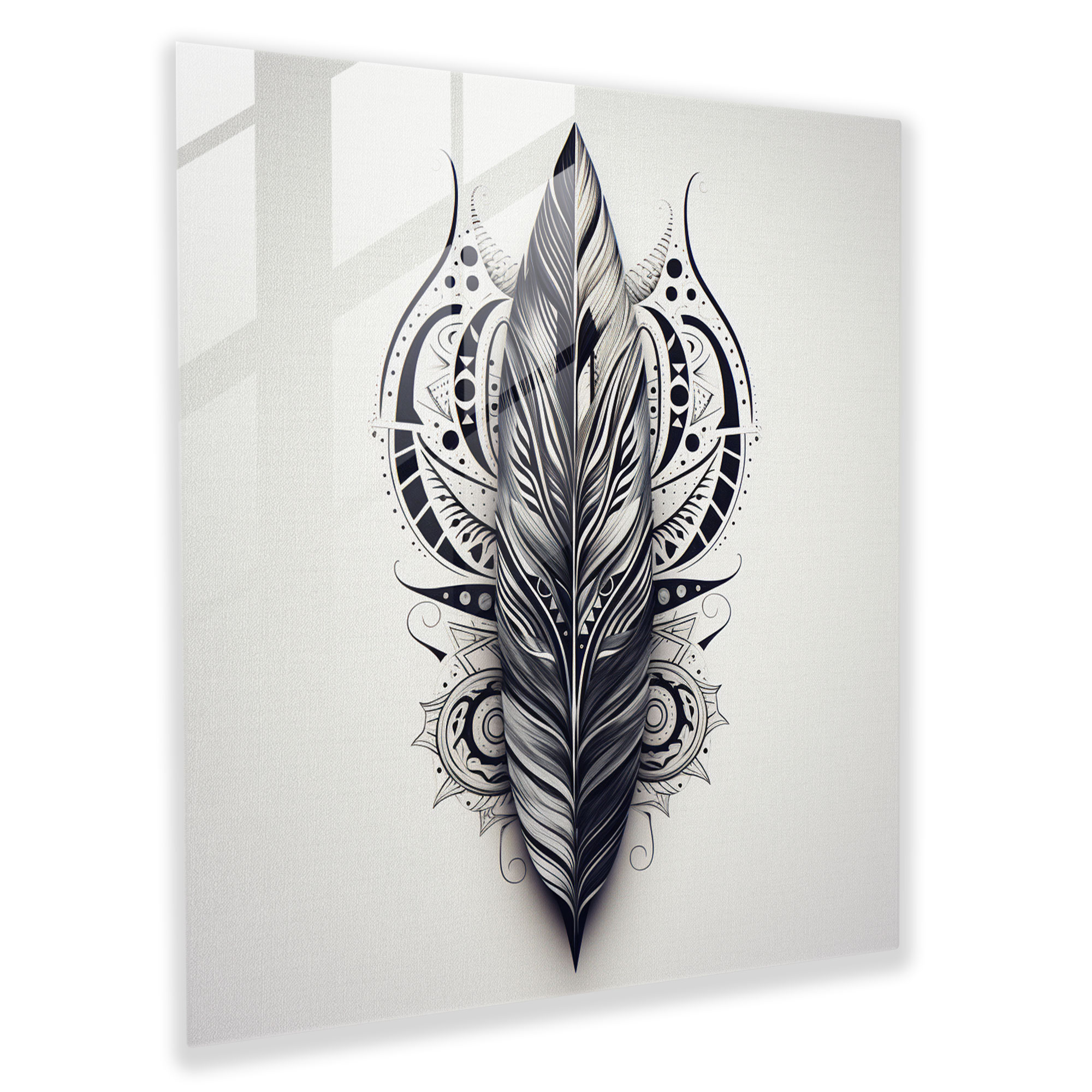 Geometric Feathers Glass Print - Feather, Wall Decoration, Glass Art, Modern Art