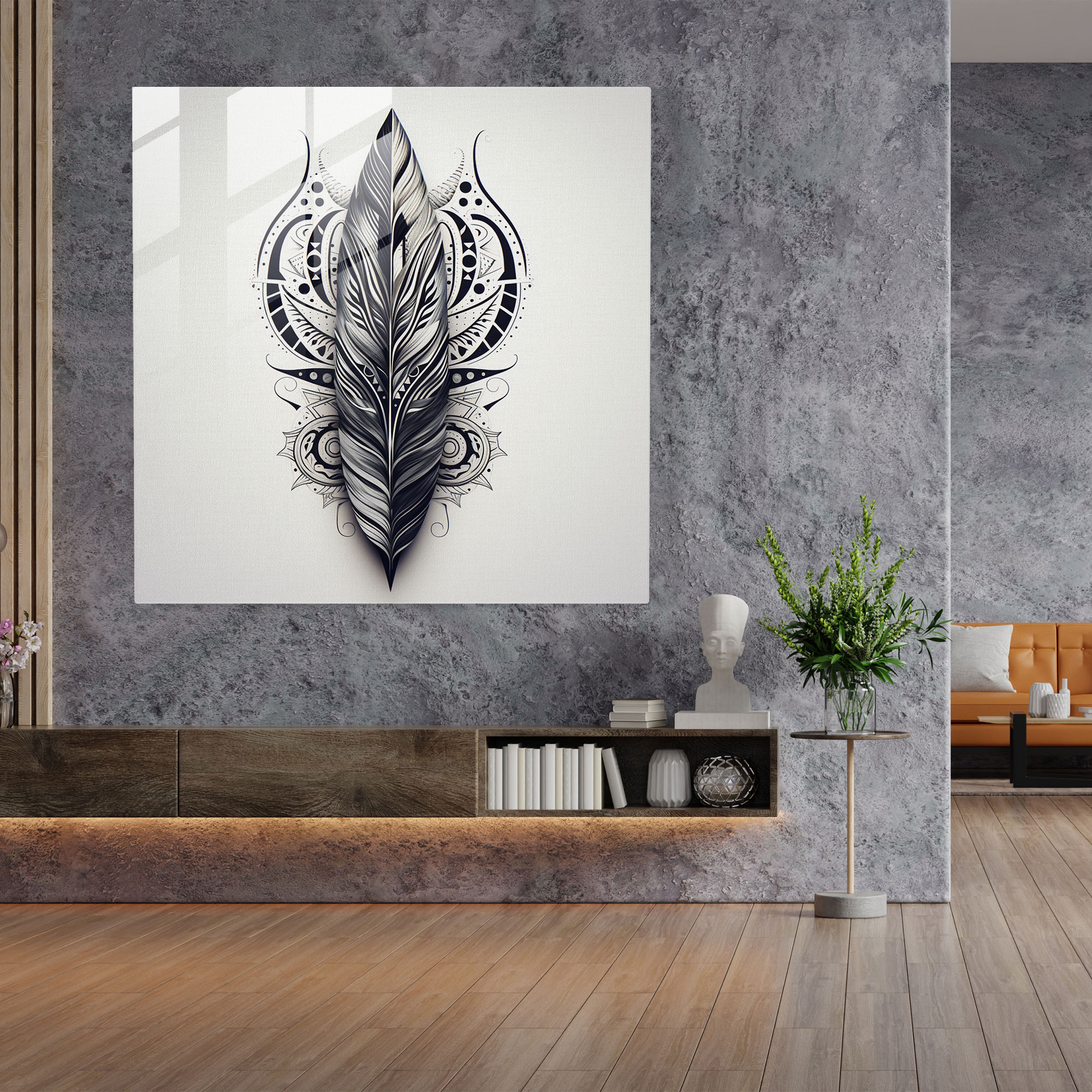 Geometric Feathers Glass Print - Feather, Wall Decoration, Glass Art, Modern Art