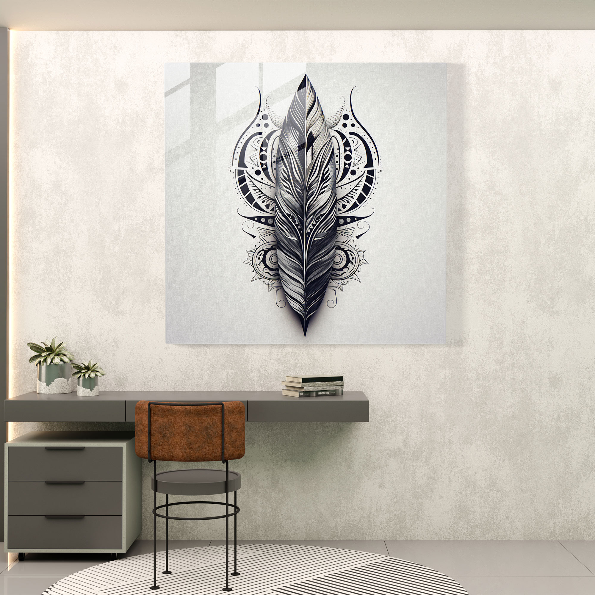 Geometric Feathers Glass Print - Feather, Wall Decoration, Glass Art, Modern Art