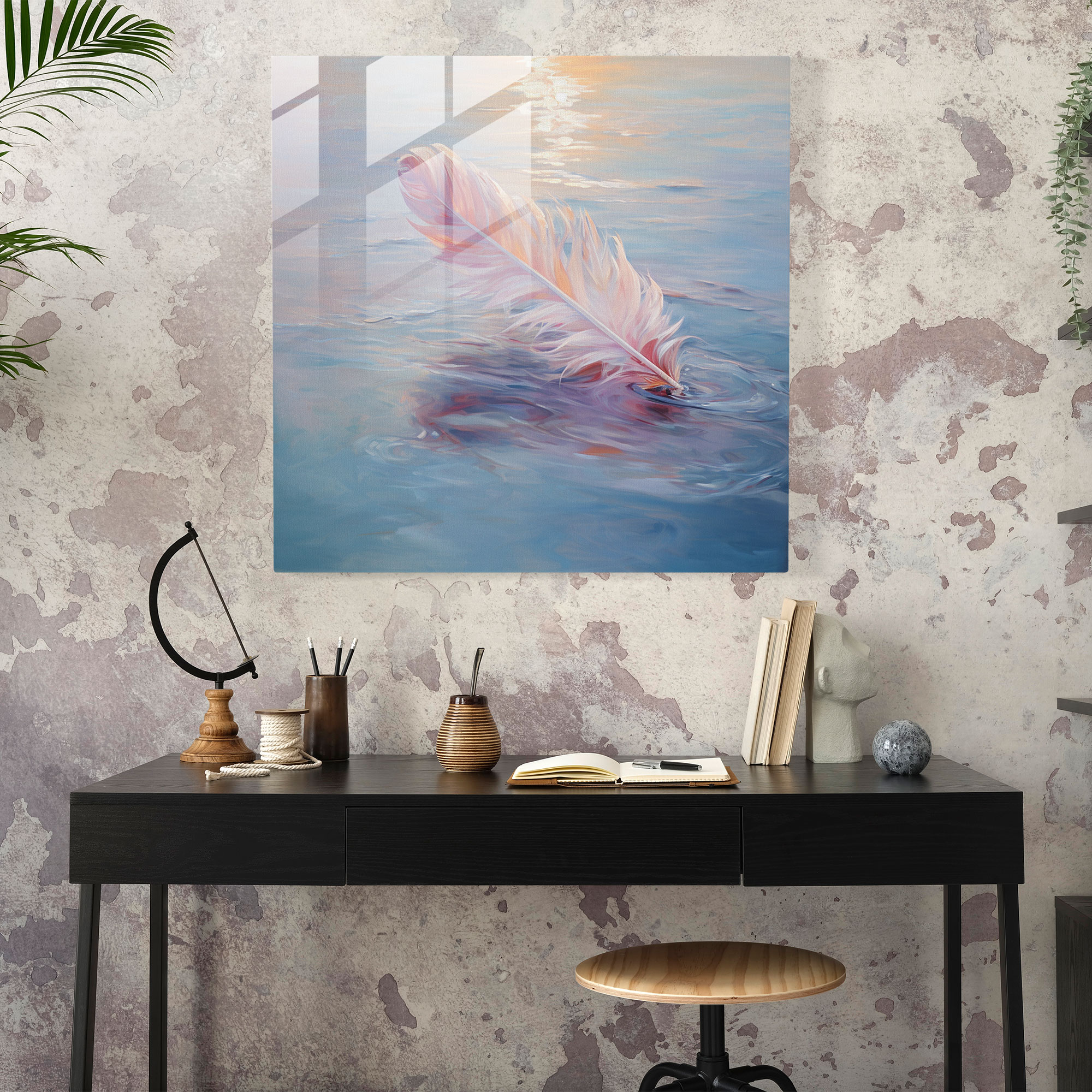 Serene Feather Glass Print - Feather, Glass Art, Home Decoration, Serene Colors