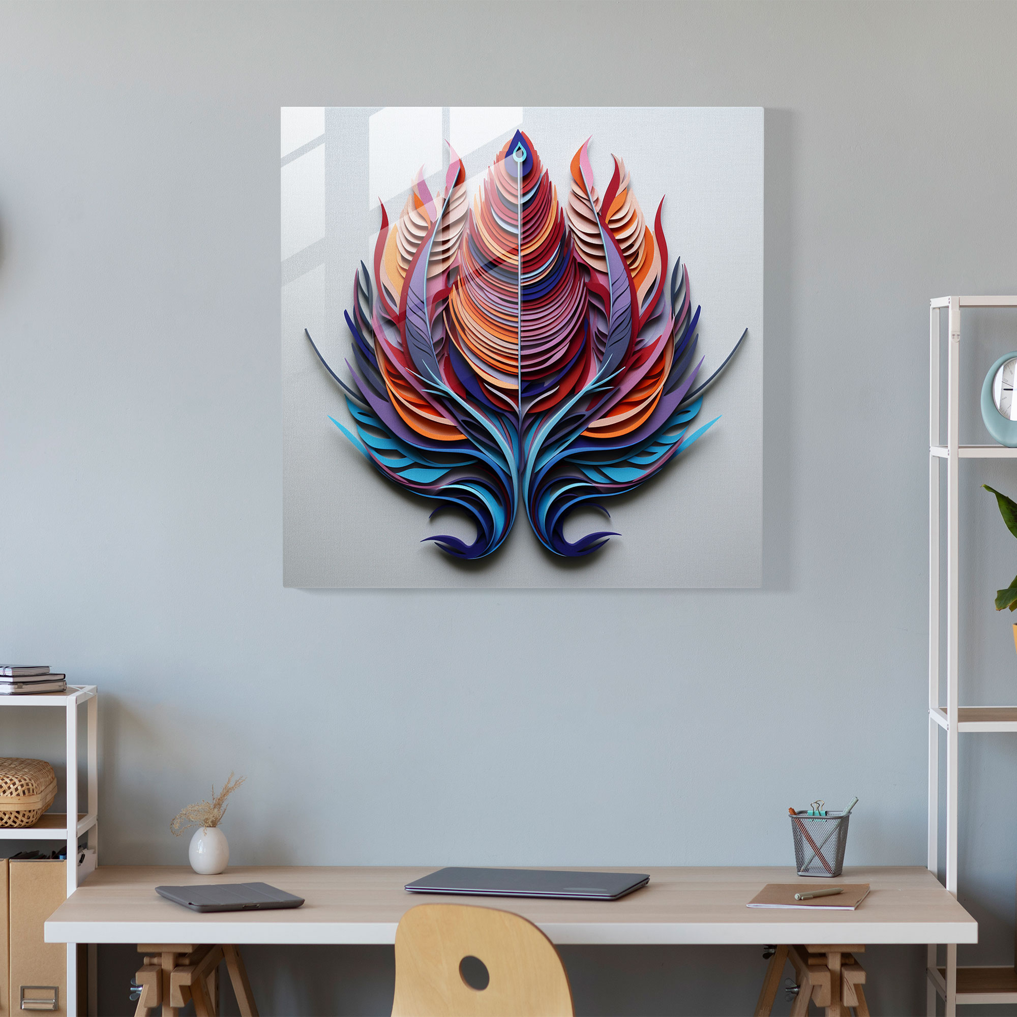 Symmetry Feathers Glass Print - Feather, Colorful Feathers, Wall Decoration, Feather