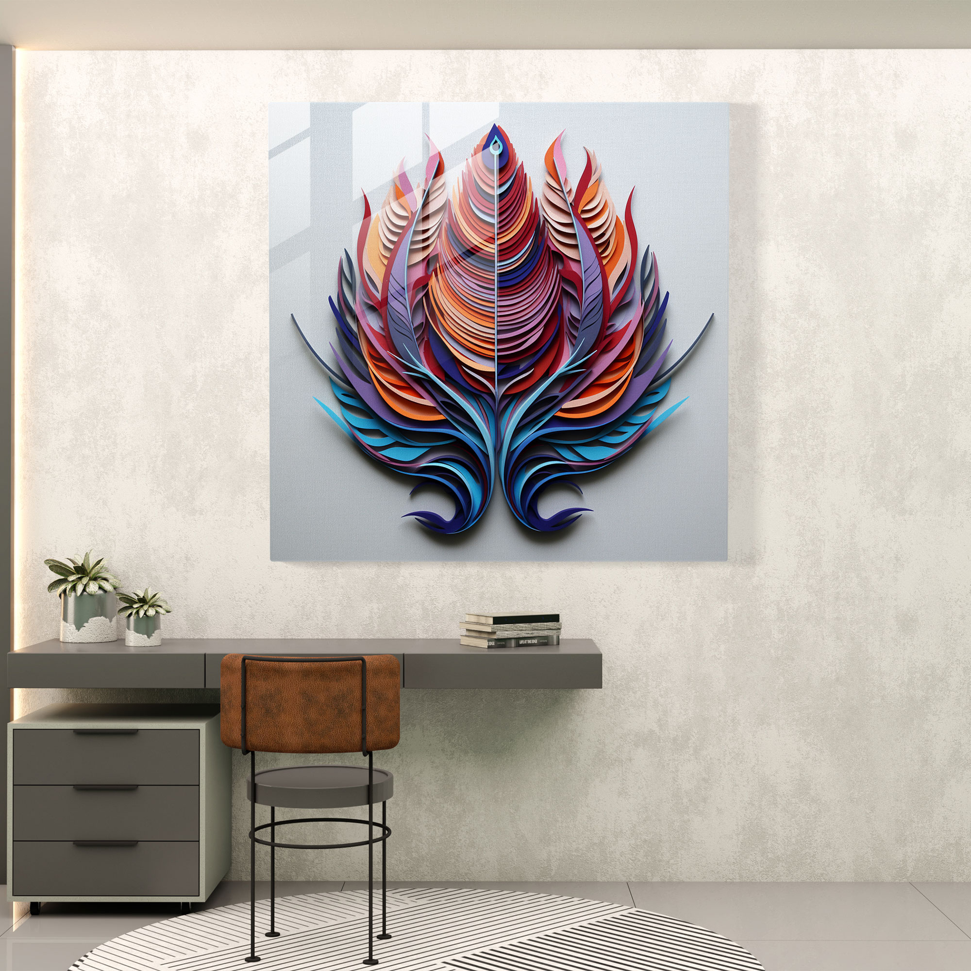 Symmetry Feathers Glass Print - Feather, Colorful Feathers, Wall Decoration, Feather
