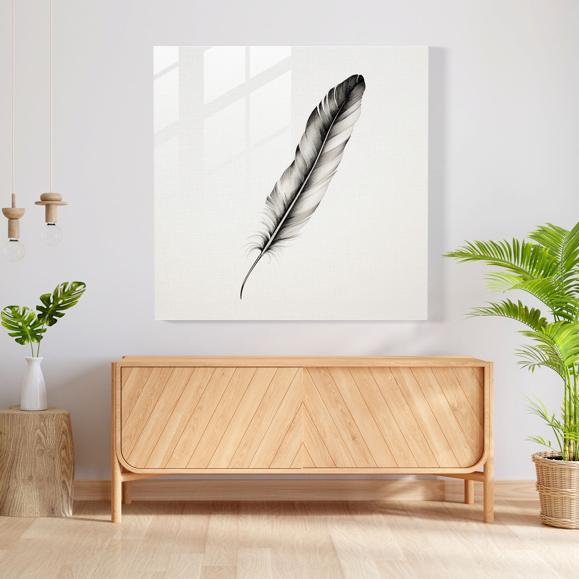Simplicity Feather Glass Print - Feather, Elegance, Glass Print, Minimalist Drawing