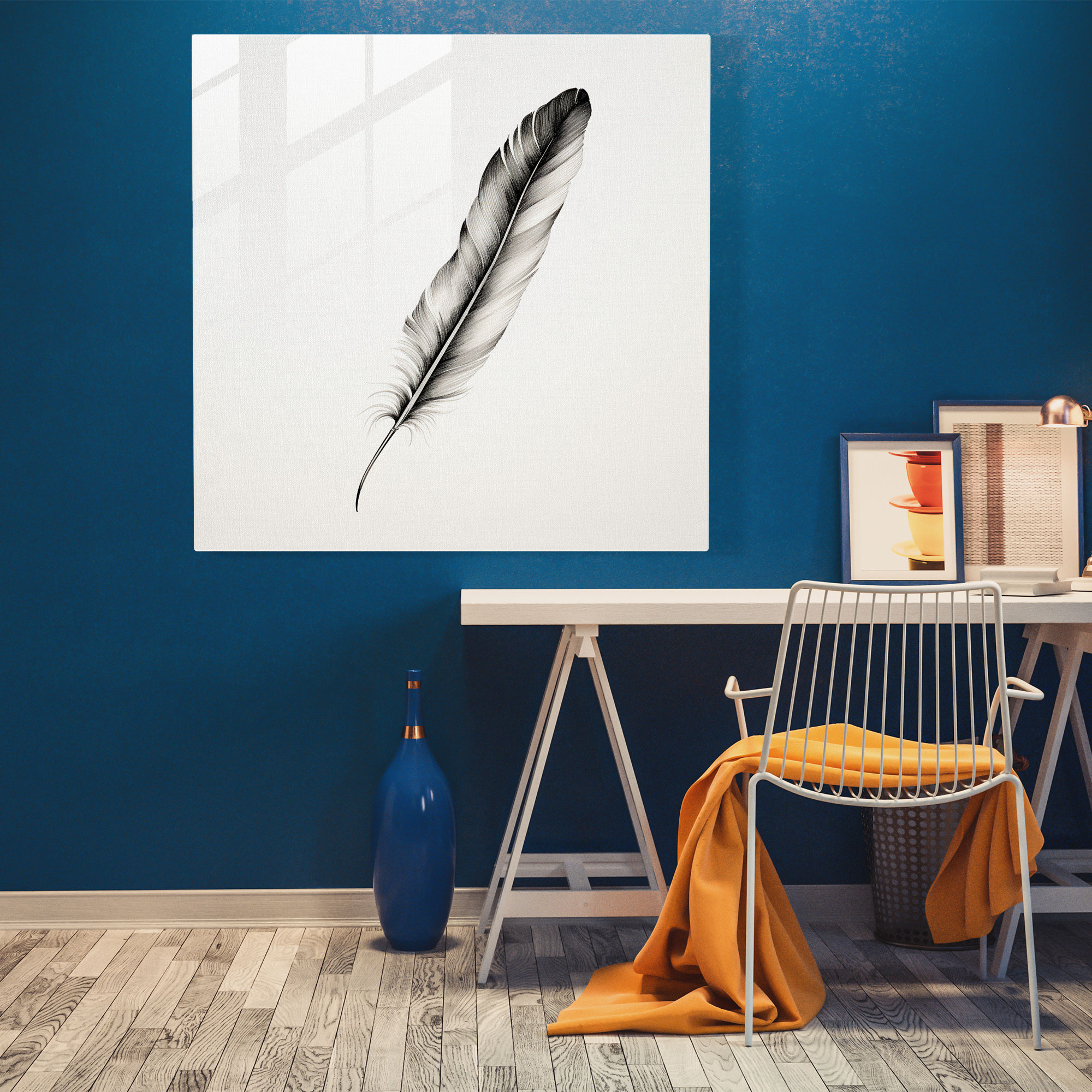 Simplicity Feather Glass Print - Feather, Elegance, Glass Print, Minimalist Drawing