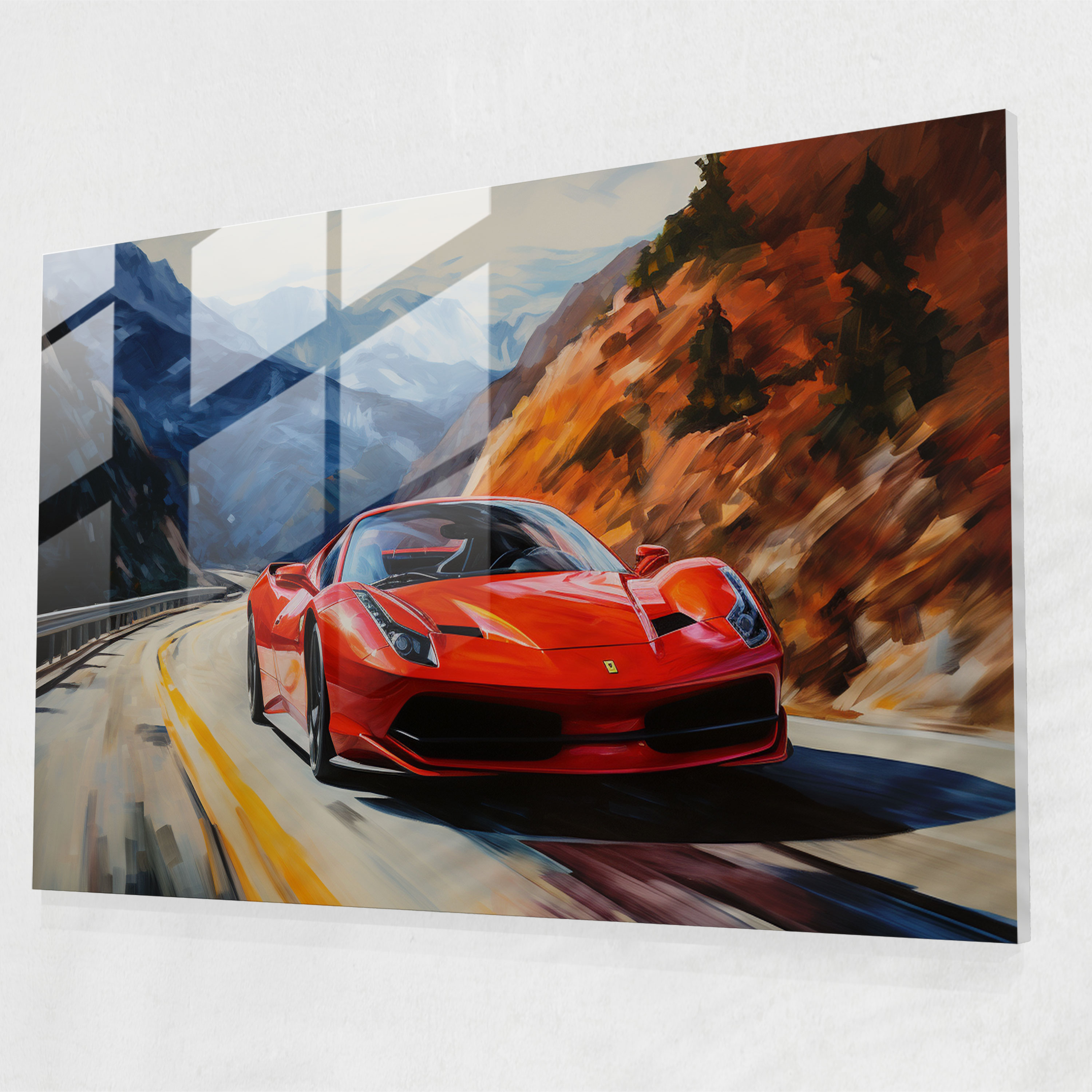 Ferrari Cam Tablo - Muhteşem Kırmızı Ferrari Dağ Yolu Manzarasında - Ferrari Cam Sanat Duvar Dekorasyonu Modern Sanat
