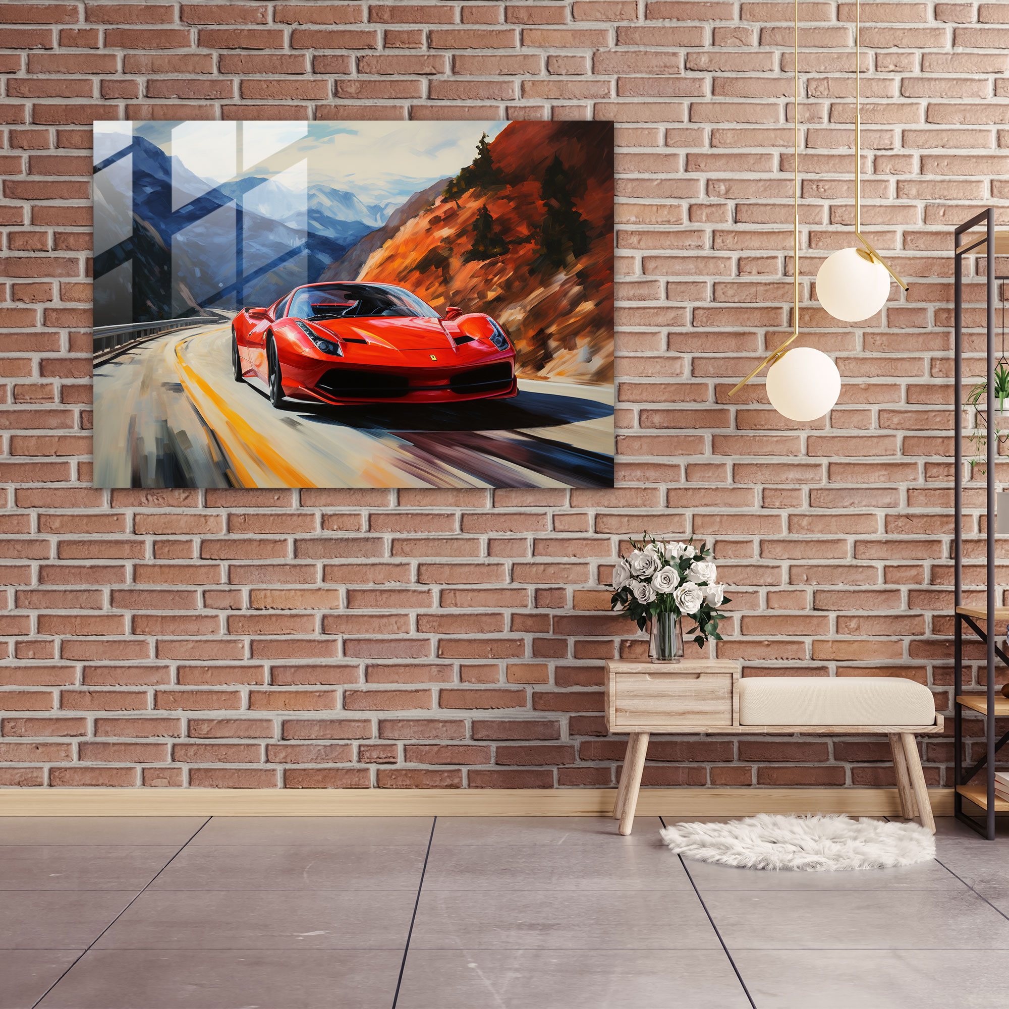 Ferrari Cam Tablo - Muhteşem Kırmızı Ferrari Dağ Yolu Manzarasında - Ferrari Cam Sanat Duvar Dekorasyonu Modern Sanat