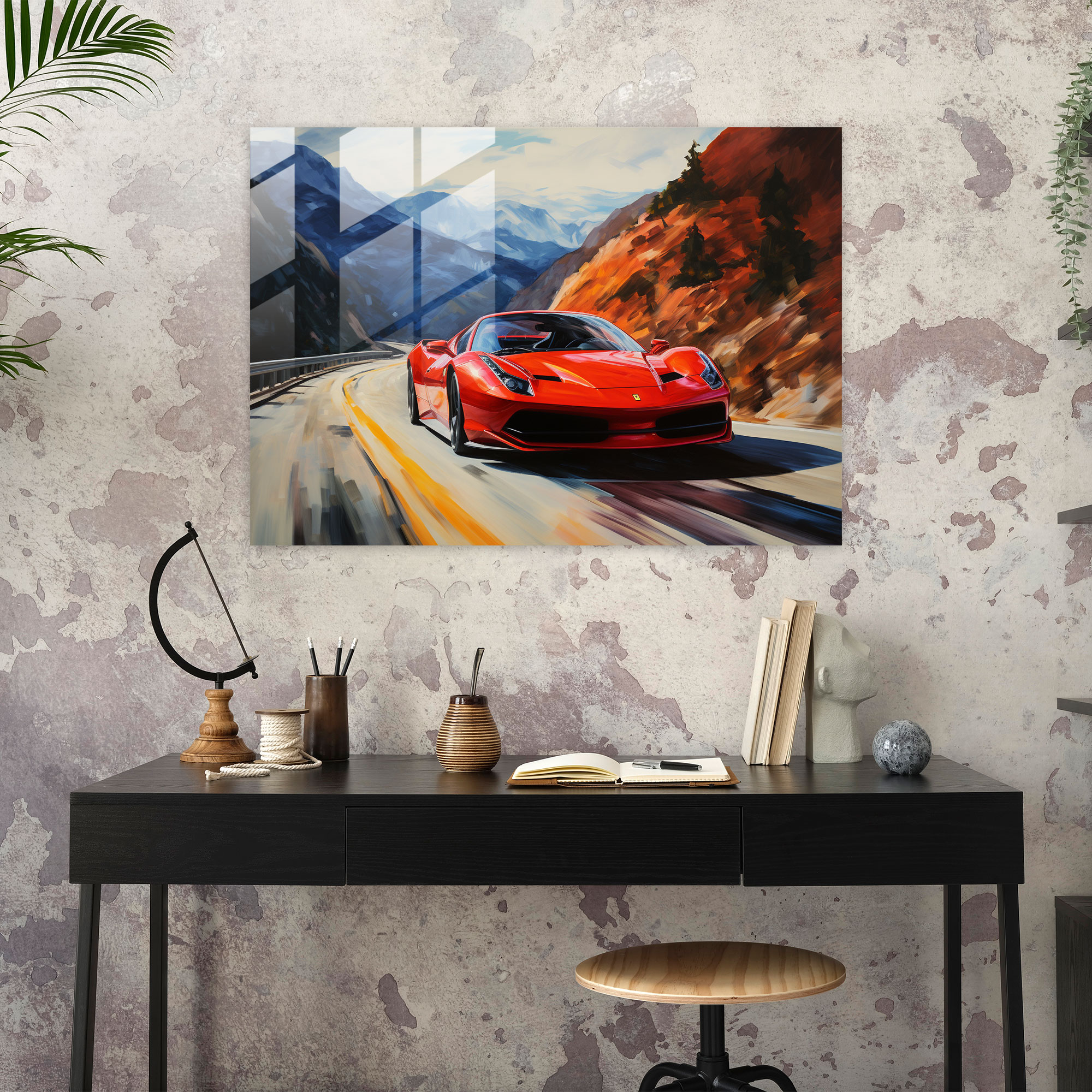 Ferrari Cam Tablo - Muhteşem Kırmızı Ferrari Dağ Yolu Manzarasında - Ferrari Cam Sanat Duvar Dekorasyonu Modern Sanat