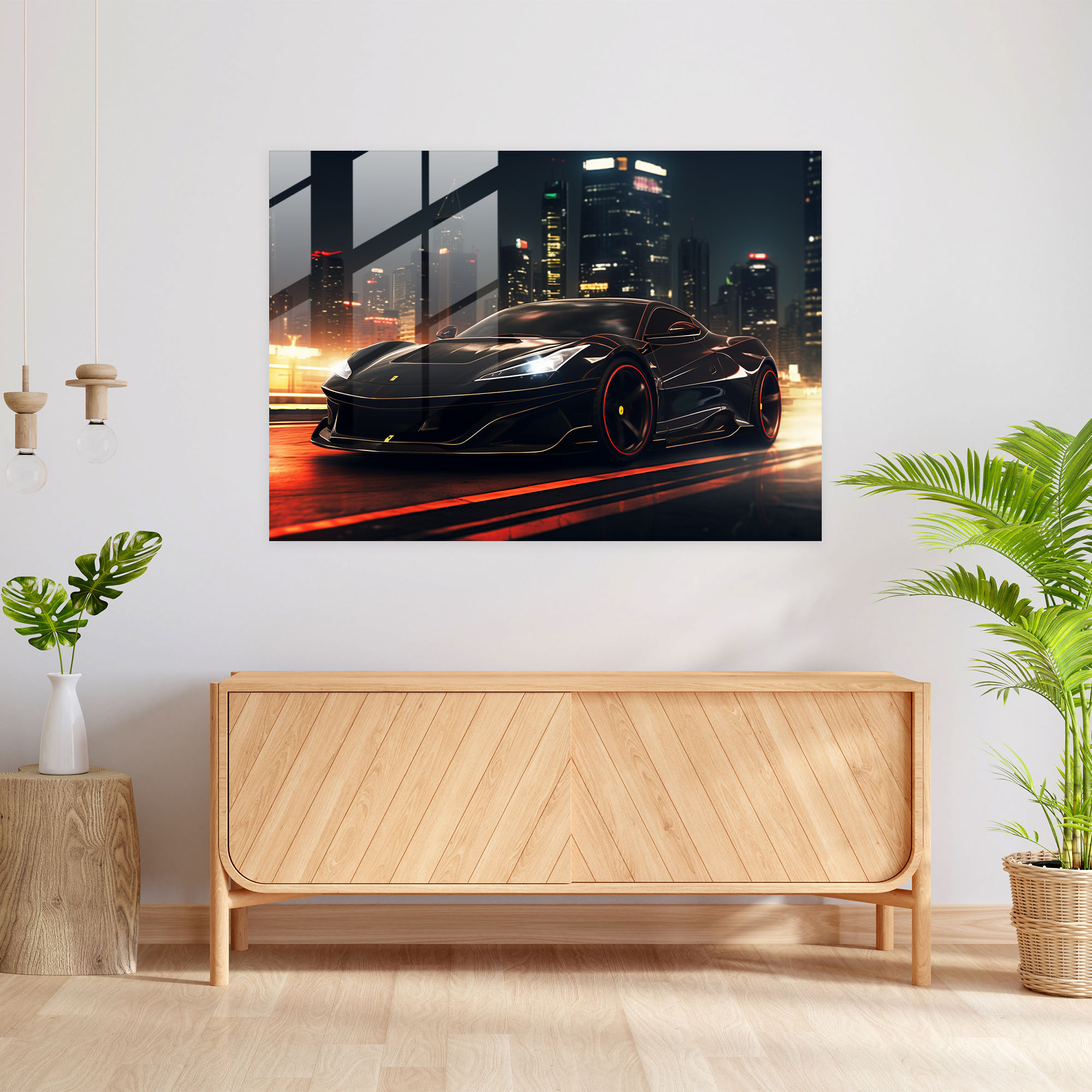 Ferrari Cam Tablo - Gelecek Şehir Manzarasında Şık Siyah Ferrari - Ev Dekorasyonu Duvar Dekorasyonu