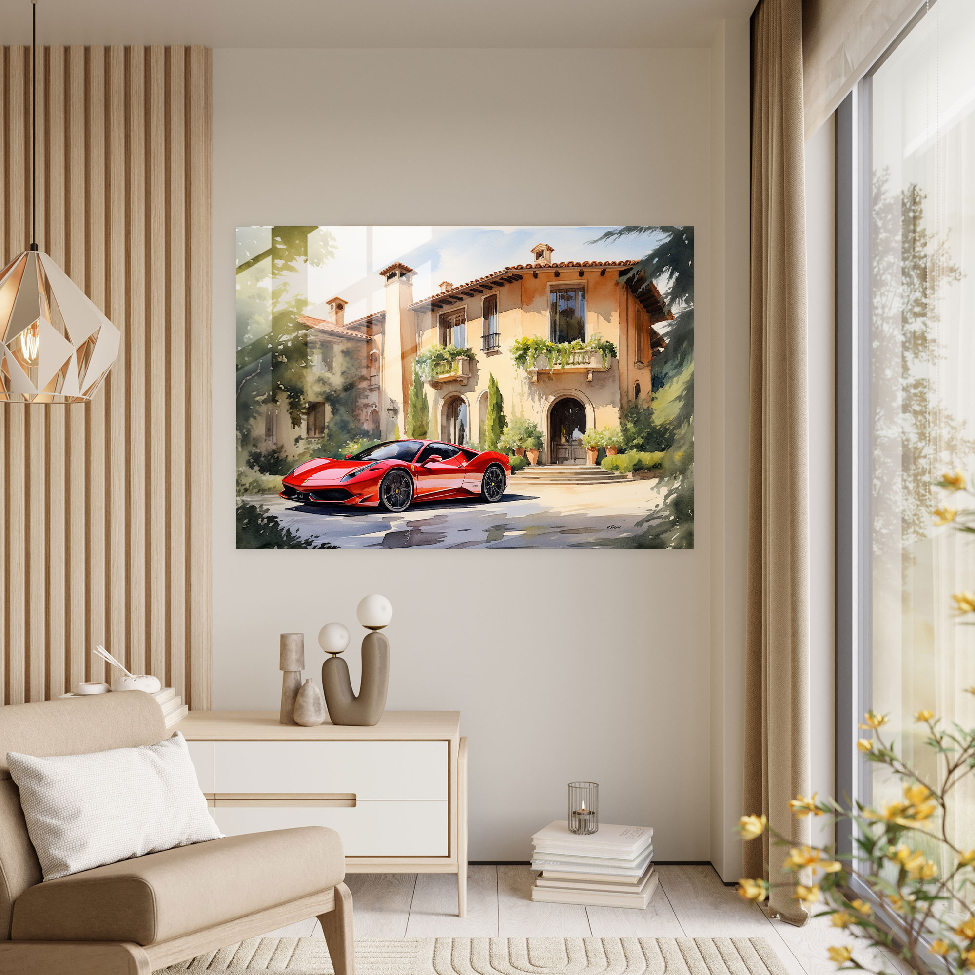 Klasik Kırmızı Ferrari İtalyan Villası Önünde - Cam Tablo Sanatı - Ev Dekorasyonu