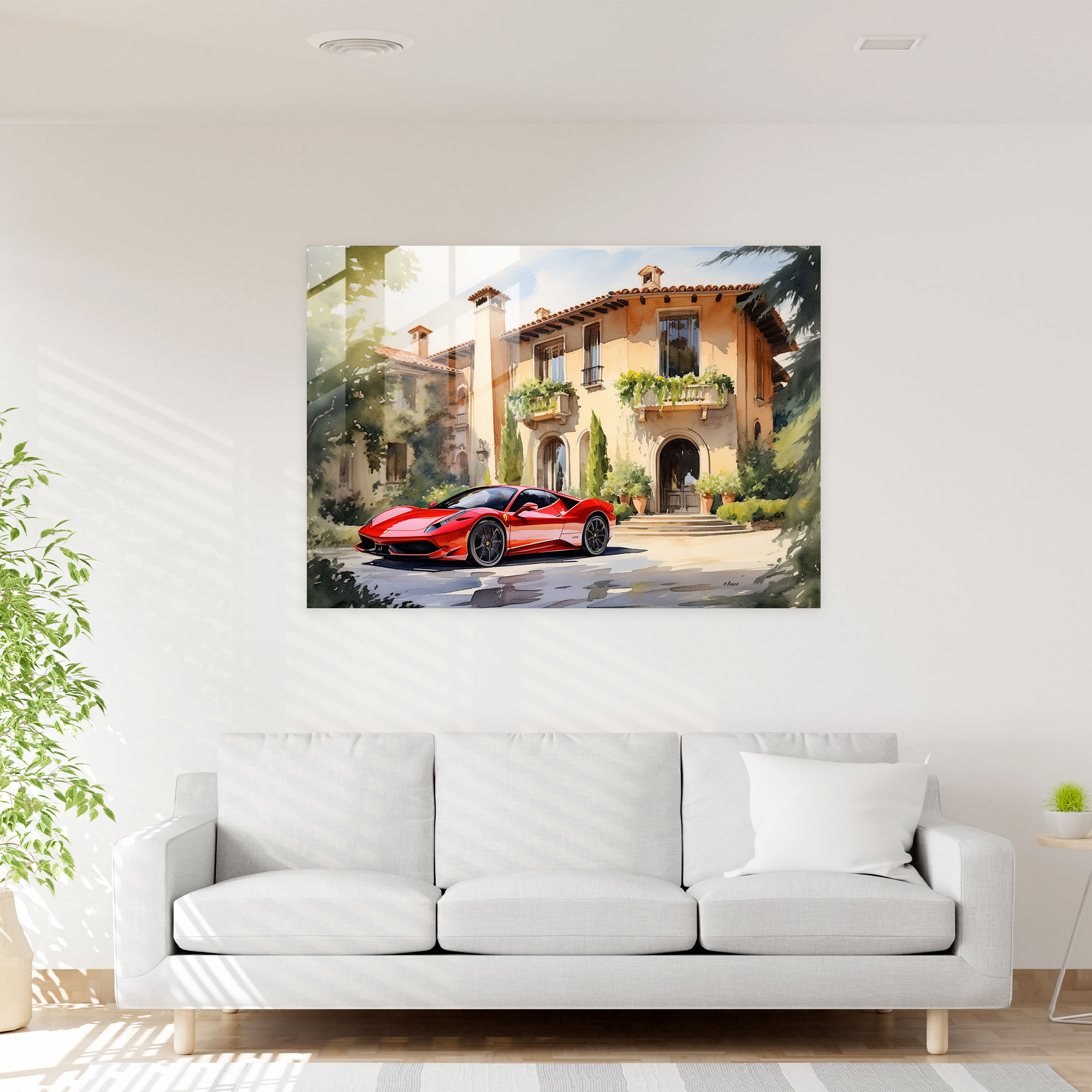 Klasik Kırmızı Ferrari İtalyan Villası Önünde - Cam Tablo Sanatı - Ev Dekorasyonu