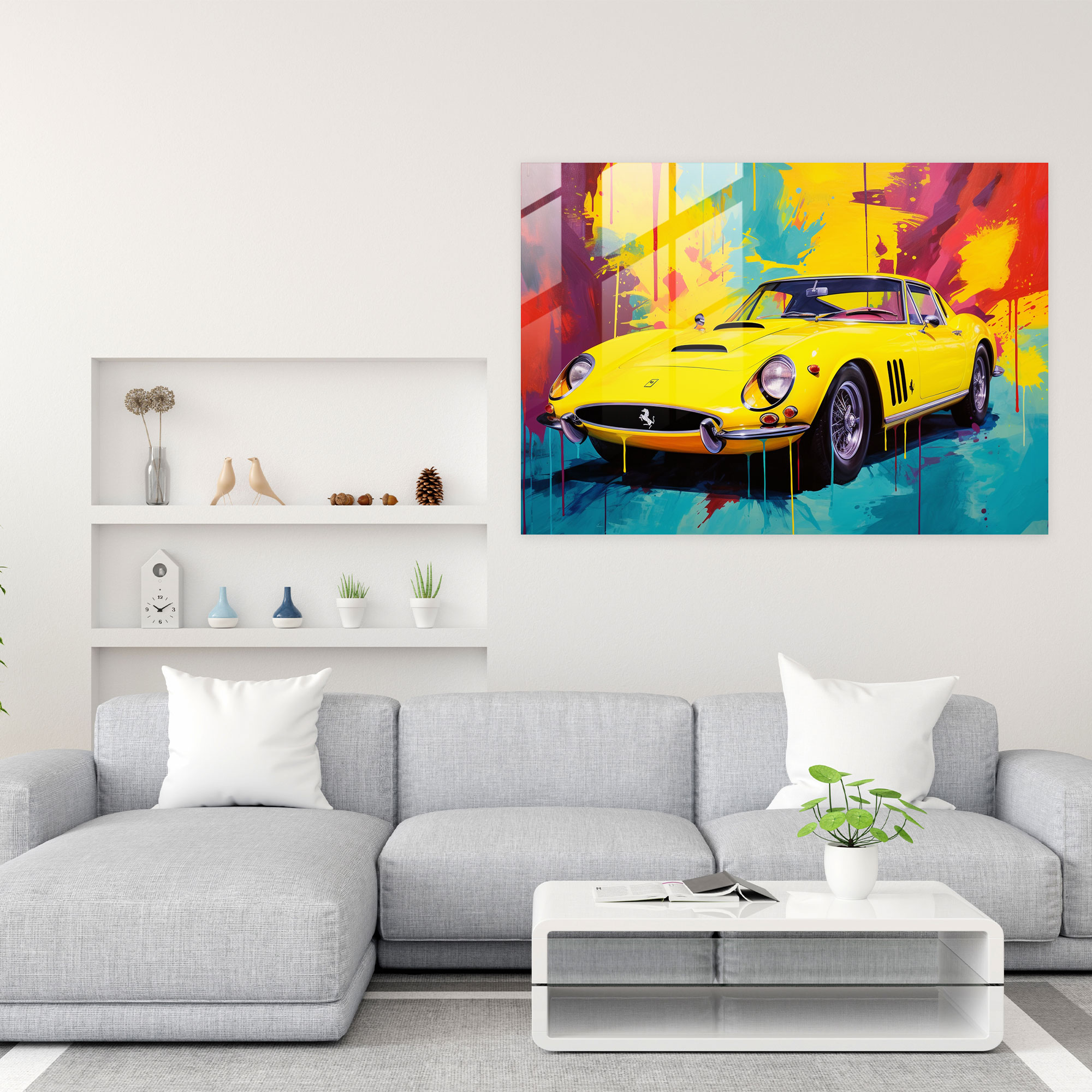 Ferrari Cam Tablo - Canlı Sarı Ferrari ve Cesur Renkli Arka Plan - Ferrari Modern Sanat Cesur Renkli Arka Plan Cam Sanat